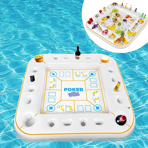 Elcoho Mesa de juego inflable extra grande de 55 x 55 pulgadas con naipes impermeables, mesa de billar flotante, soporte para bebidas, bandeja