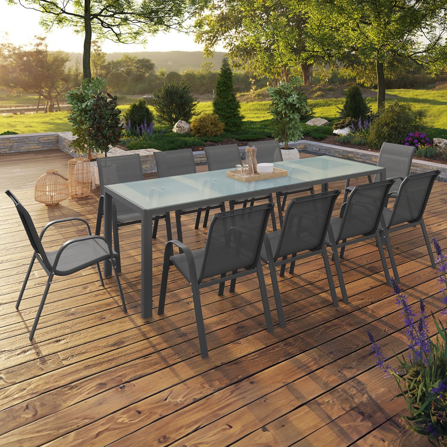 IDMarket - Salon de Jardin Madrid Table 240 CM et 10 chaises empilables Gris Anthracite Plateau Clair
