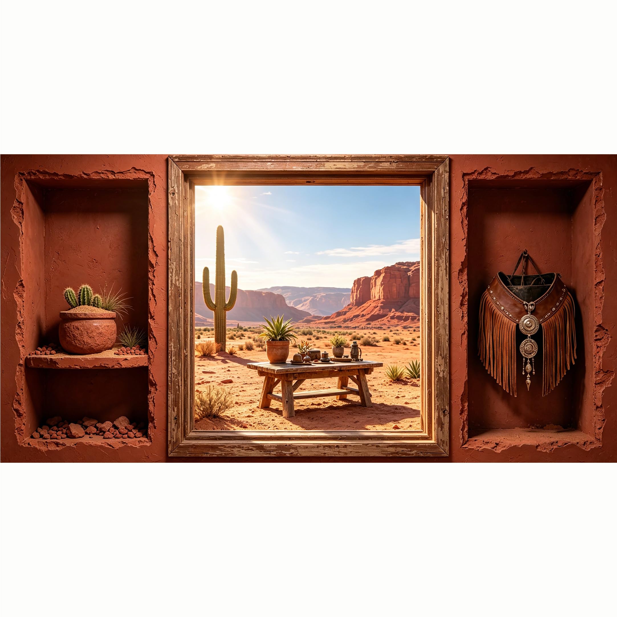 QZLITHOTIC 50x100cm 3D Framed Wall Art， Western Desert Cactus Landscape SelfAdhesive Mural， Water‑Activated Peel & Stick Fabric Decor Wall Decal for Bedroom Living Room