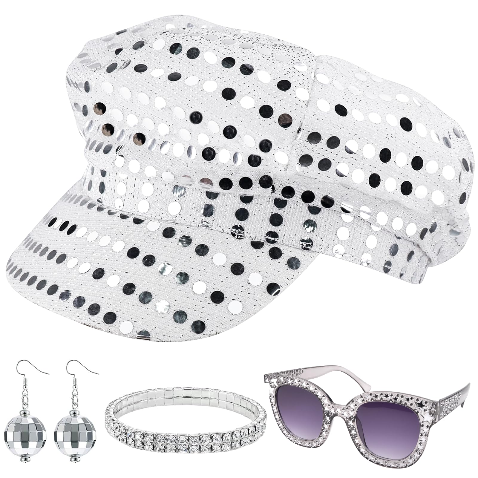 4Pcs 70s Sequin Abba Hat Abba Accessories Women, Abba Fancy Dress Costume with Glitter Hat Sunglasses Earrings Rhinestone Bracelet, 1970's Costume Disco for Women Theme Party Birthday Dance