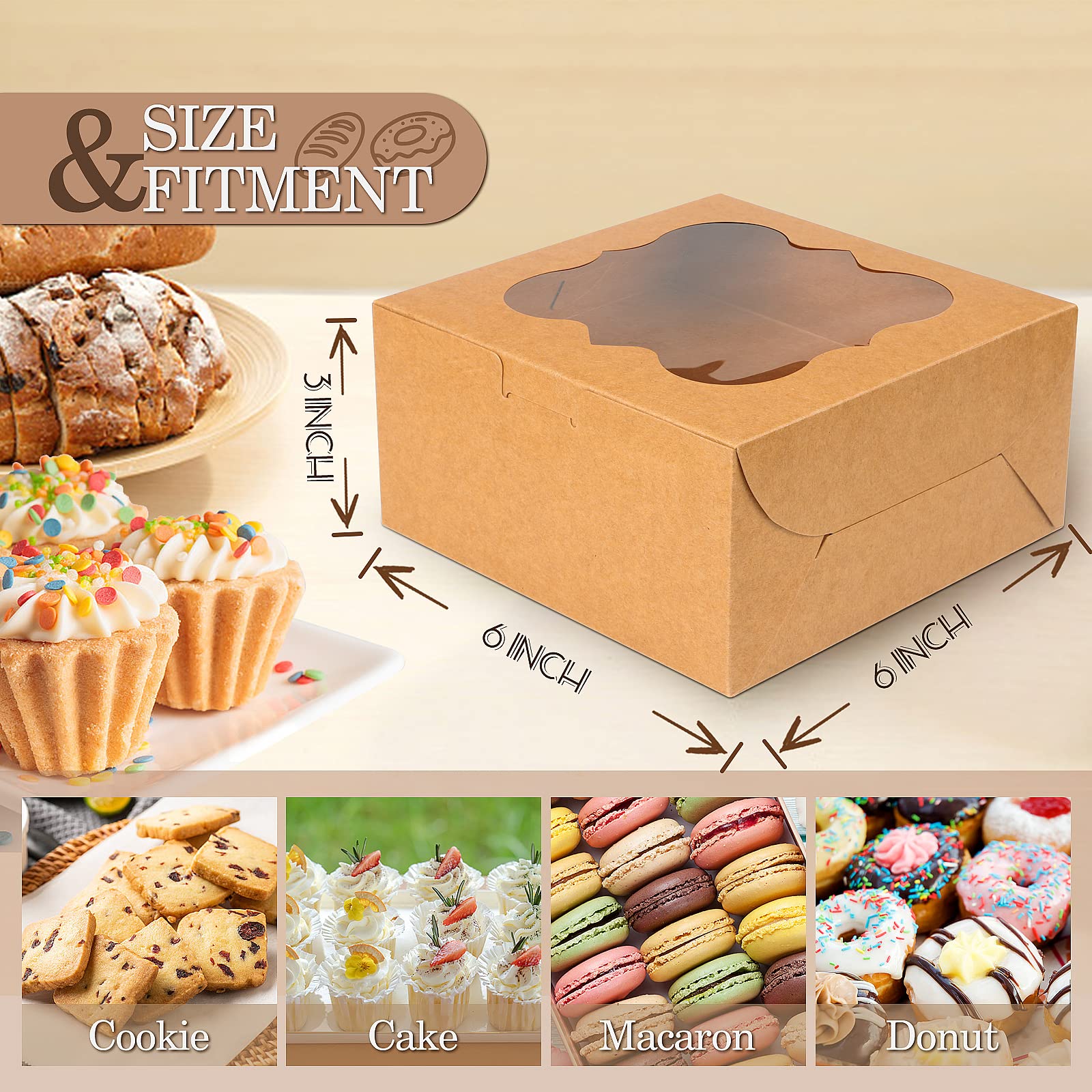 KPOSIYA 65 cajas de panadería con ventana de 6 x 6 x 3 pulgadas, 5 cajas de galletas pequeñas para dulces, postres, pasteles, donas, fiesta de cumpleaños, boda (marrón)