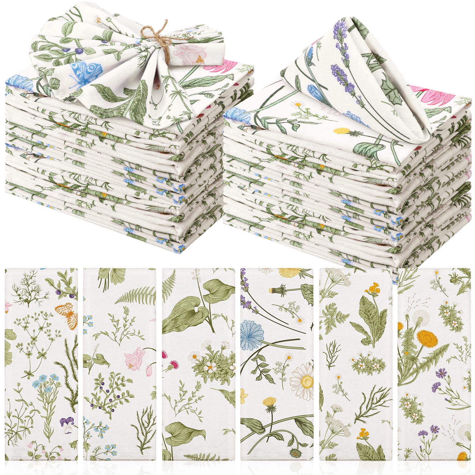 Funnymoom 24 Pcs Herbs and Wild Flowers Cloth Napkins Floral Plants Reusable Napkins Country French Toile Dinner Napkin Soft Absorbent Napkin for Everyday Spring Summer Holiday Party