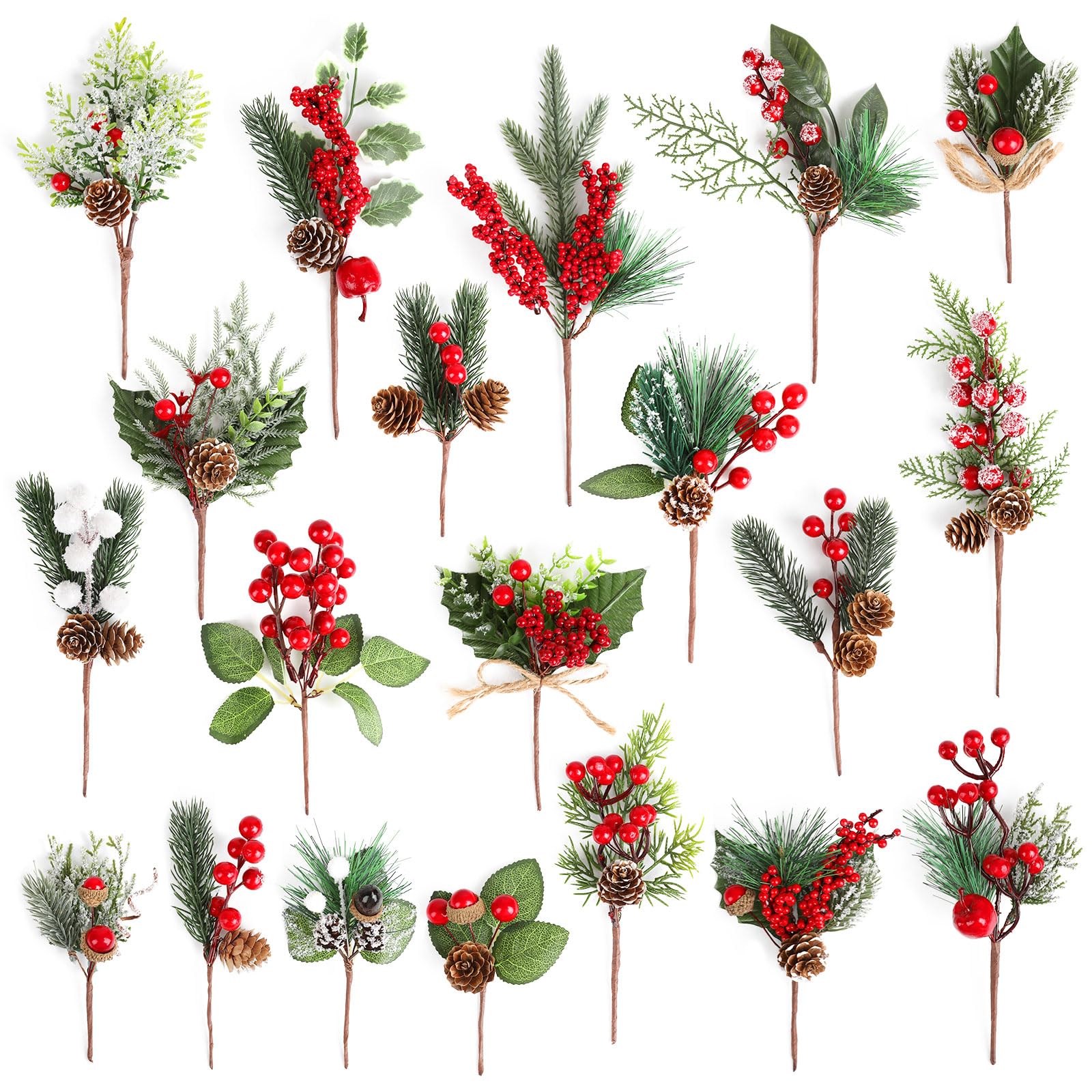 CCINEE 20 Pack Artificial Christmas Red Berry Picks Assorted Pine Branches Spray with Pinecones Holly Stems for Xmas Tree Decoration Floral Arrangement Winter Wreath Decor