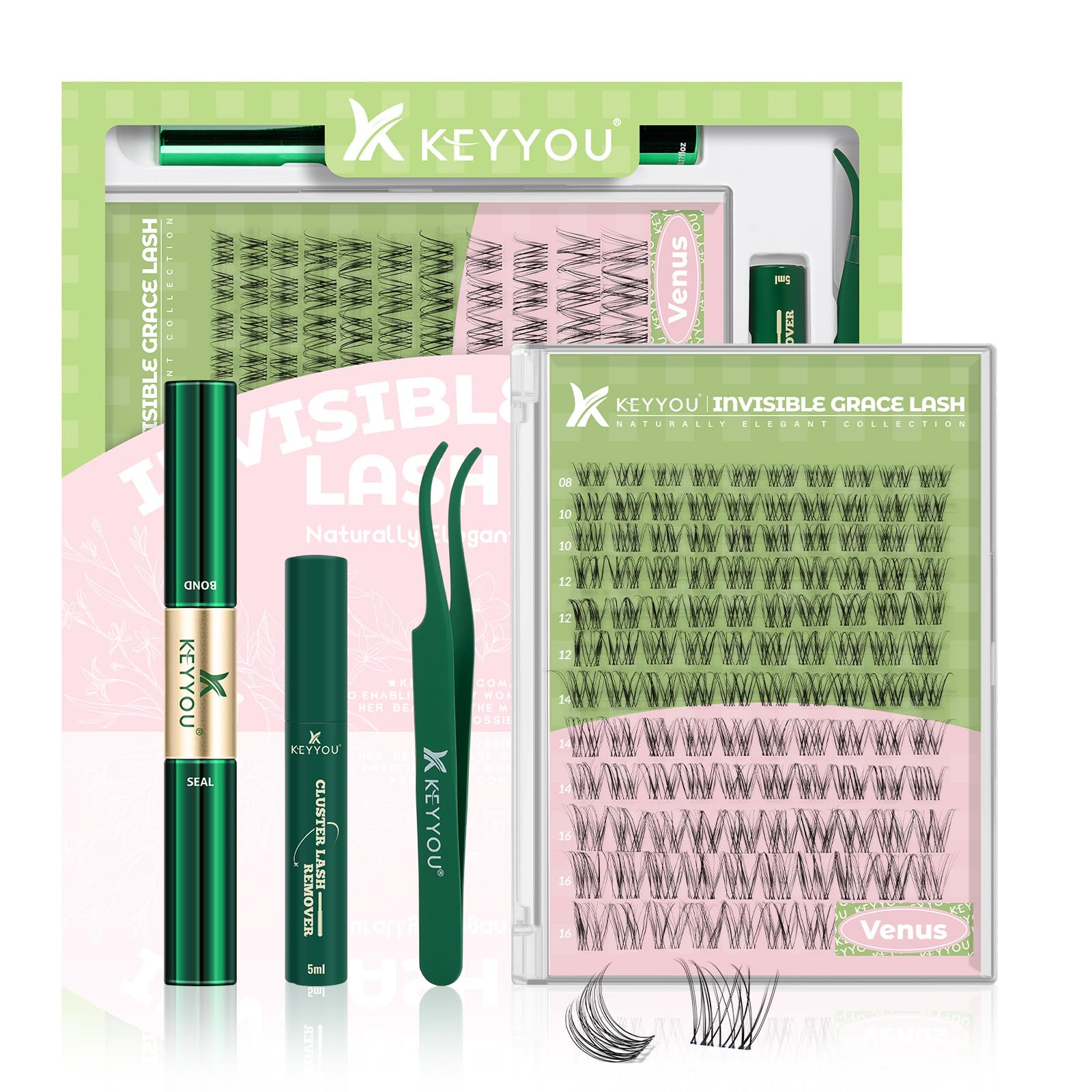 KEYYOU LASH Fairy Venus Lash Clusters Kit de extensión de pestañas de manga Kit de extensión de pestañas D Curl 120 Piezas Wispy Natural Invisible Cinta Pestañas Kit con Impermeable DIY en casa (Venus