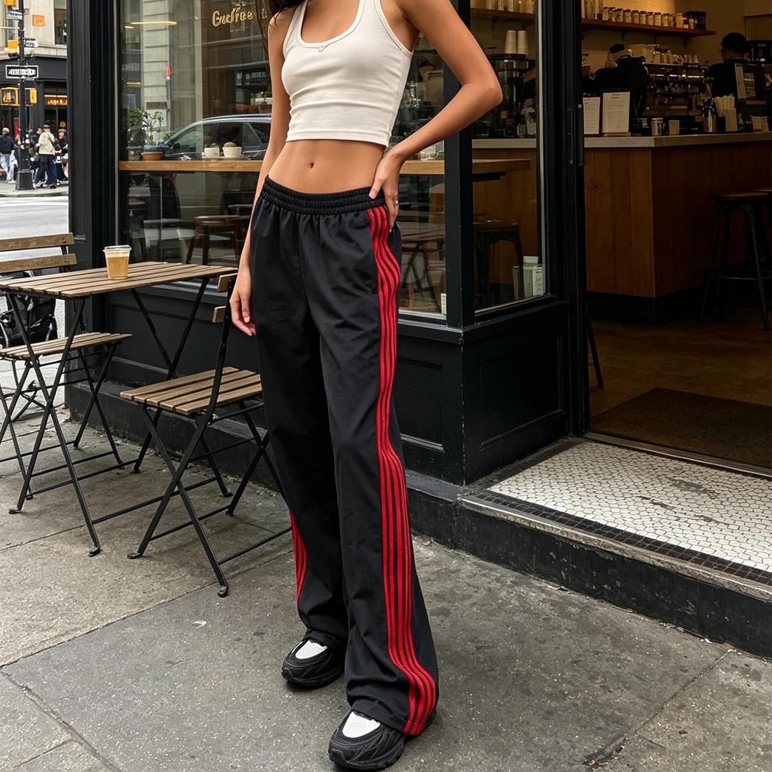 Women Side Striped Wide Leg Track Pants Elastic Baggy Joggers With Pockets