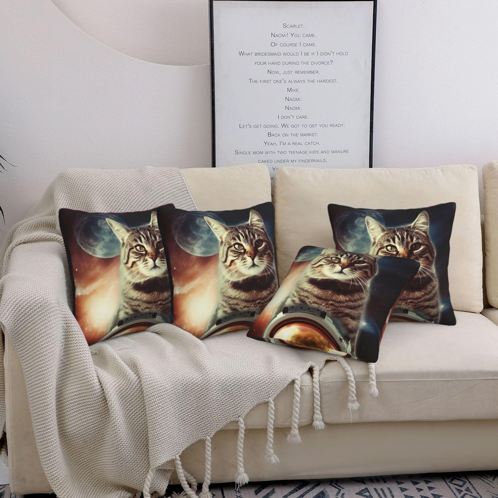 Housse de coussin moderne chat dans l'espace lot de 4 taies 50x50 de salon beige