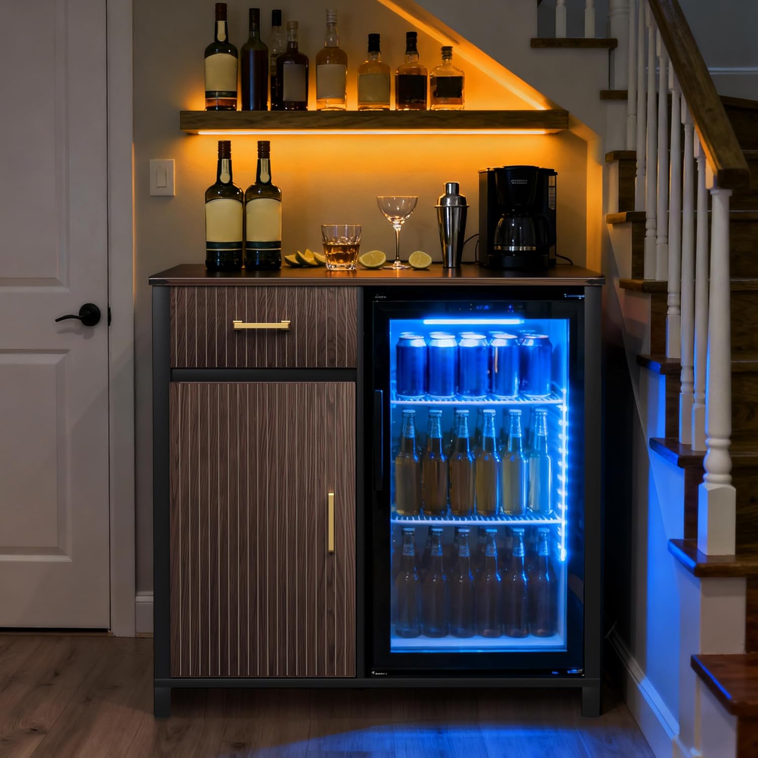 Coffee Bar with Mini Fridge Space, Mini Fridge Cabinet with Drawer Storage and Adjustable Shelves Fits 20" Fridge, Fluted Modern Design Wine Cabinet for Kitchen Dining Room, 39.4" L x 20.9" W