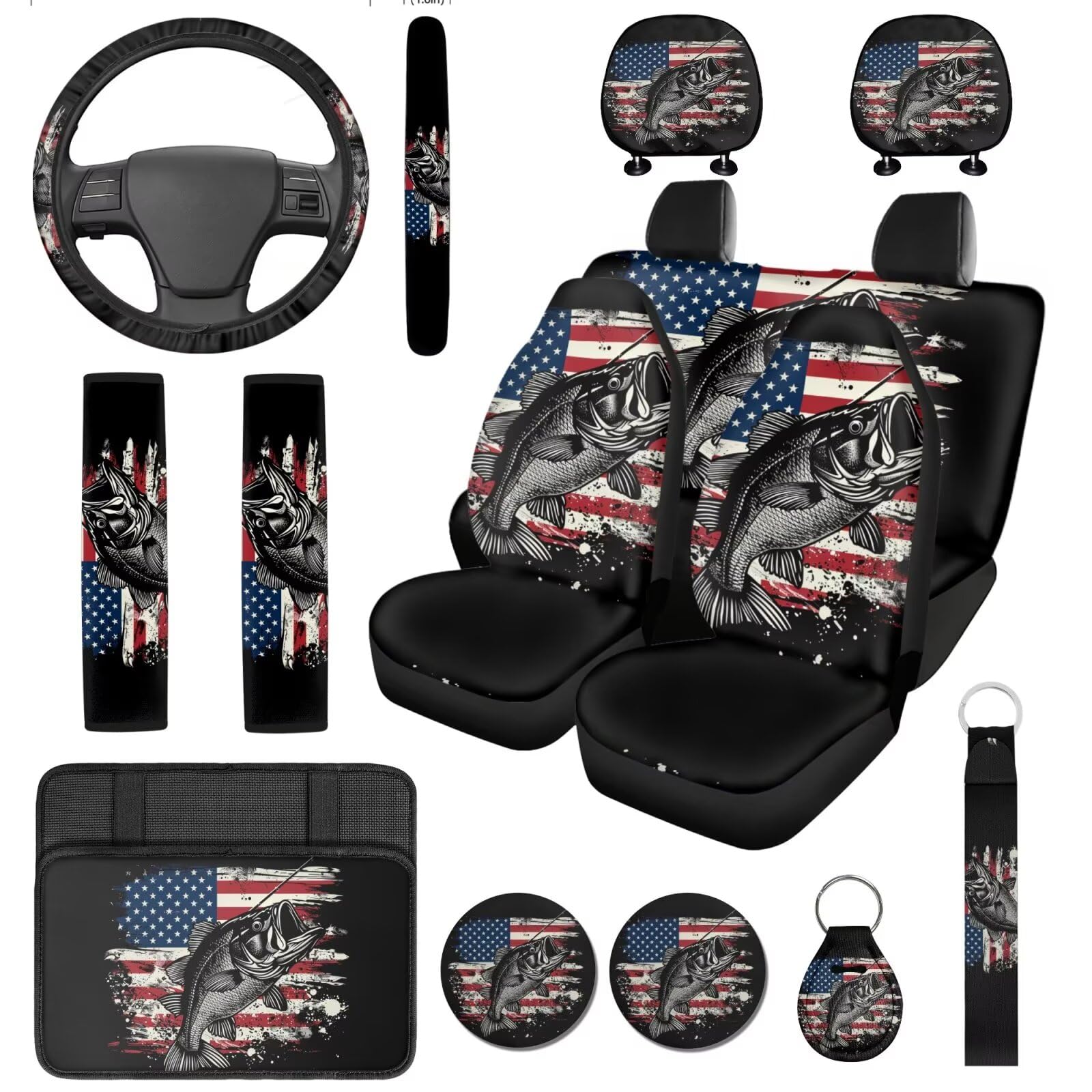 DBBXHZJY 14 Pcs Bass Fish American Flag Car Seat Cover Set with Auto Steering Wheel Cover Armrest Cushion Head Rest Protector Seat Belt Covers,