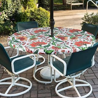 Round Outdoor Tablecloth with Umbrella Hole-Waterproof Fitted Table Cover with Elastic Zippered Wipeable Tablecloth,Fits 45"-54" Table Diameter for Picnic,Patio(Babala)