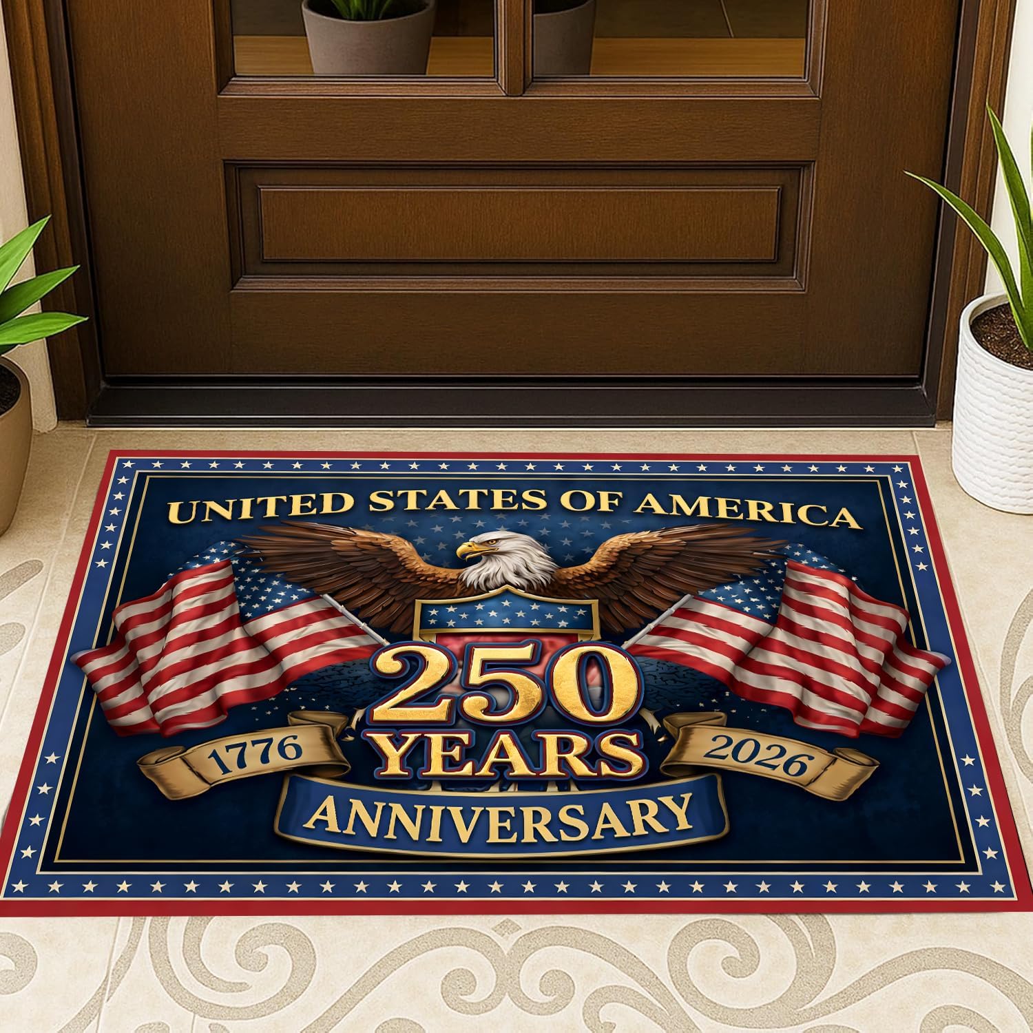 USA 250th Anniversary Door Mat, 4th of July Vintage Patriotic Doormat with Bald Eagle Stars, 17"x29" Non-Slip Rug Independence Day Memorial Day Porch Front Decor (250th Anniversary)