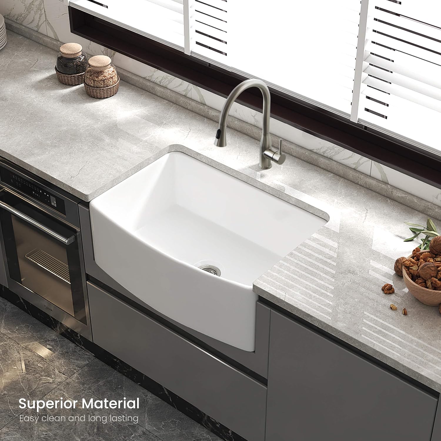 KIBI Pure Series Fireclay Farmhouse Kitchen Sink 30-inch | Single Bowl with Curved Apron Front and Heat-Resistant Glazing | Durable Fireclay Sink with Bottom Grid and Strainer (K2-SF30C, White)