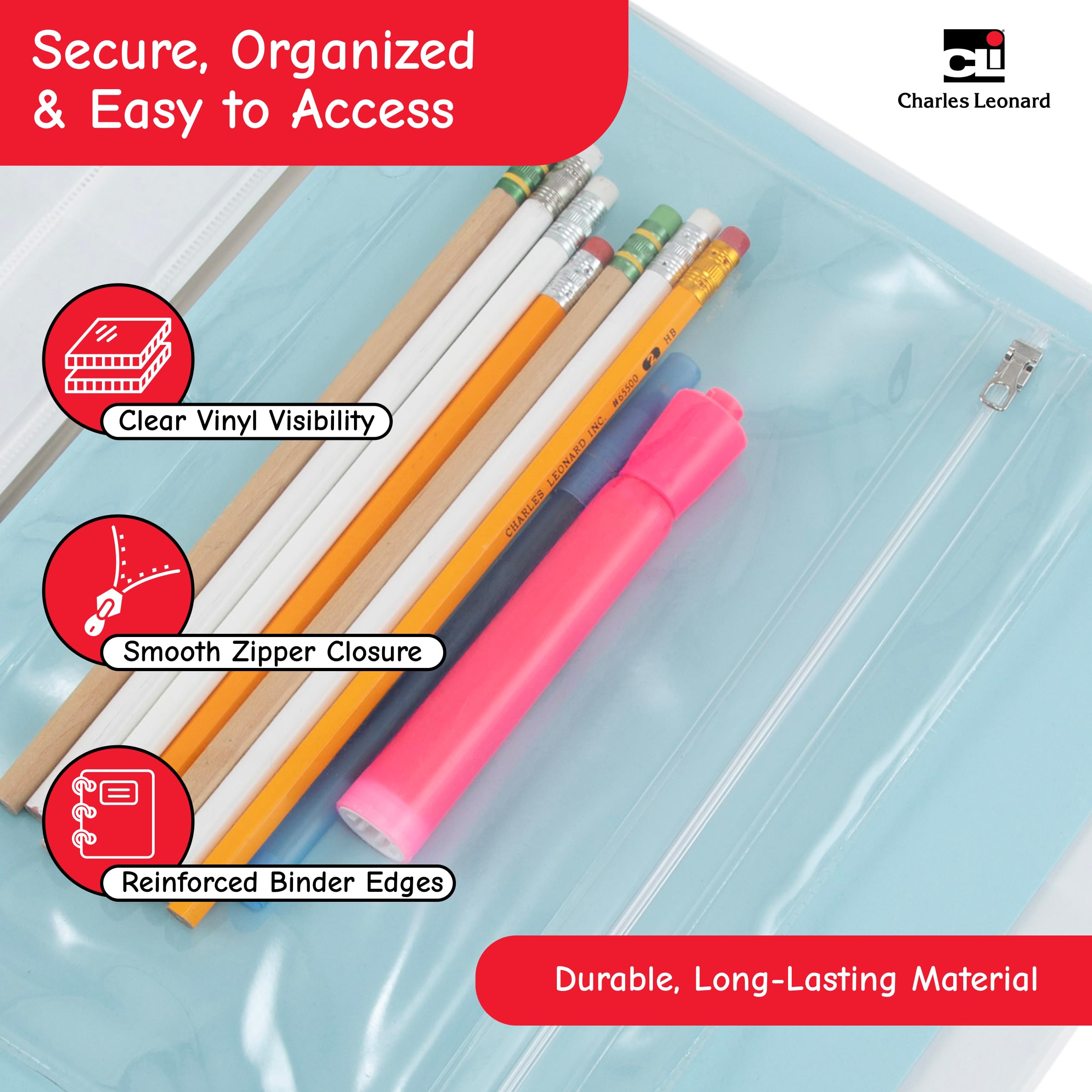 Charles Leonard Binder Pencil Pouch, 1 tasca con chiusura a zip, Clear vinyl, confezione da 24 (76380-st)
