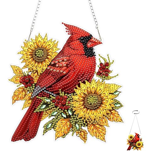 TOSTOG Cardinal Diamond Art Hanging Kits for Adults, Bird Sunflower Diamond Painting for Adults Window Pendant,Special Shape Diamonds Diamond Painting Hanging Pendant Kit for Wall Home Decor Gift