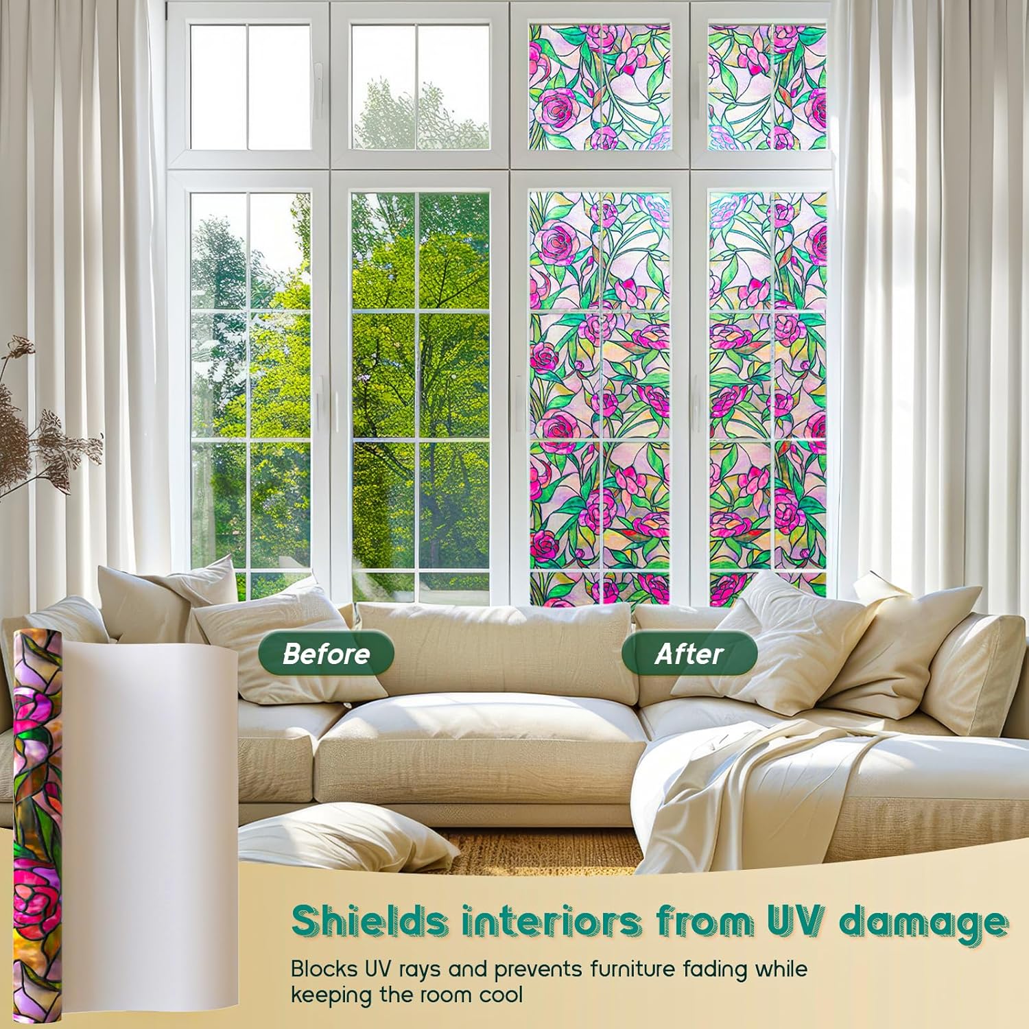 Oxdigi 3D Stained Glass Window Film - Static Cling Privacy Protection & UV Blocking, Night Rose Pattern 23.6x35.4 (No Residue, Reusable)