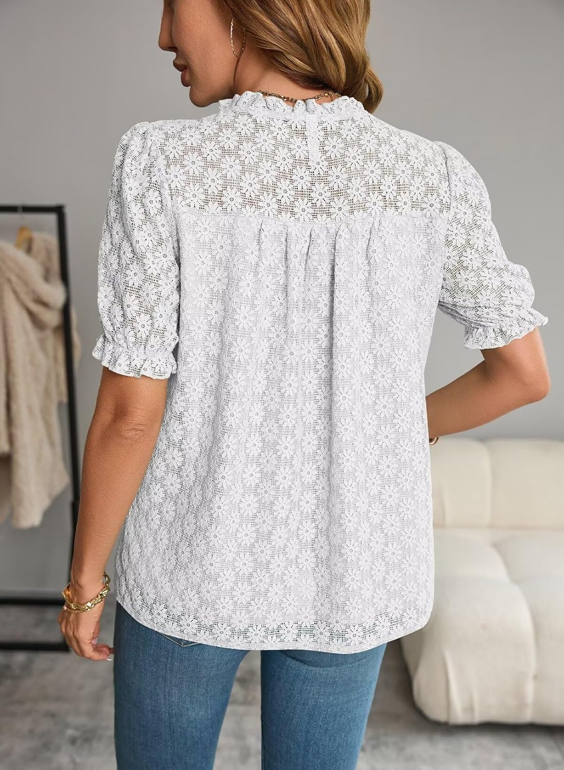Tops For Women 2025 Boho Floral Short Puff Sleeve Shirts Summer Flowy V Neck Casual Lace Blouses - Image 2