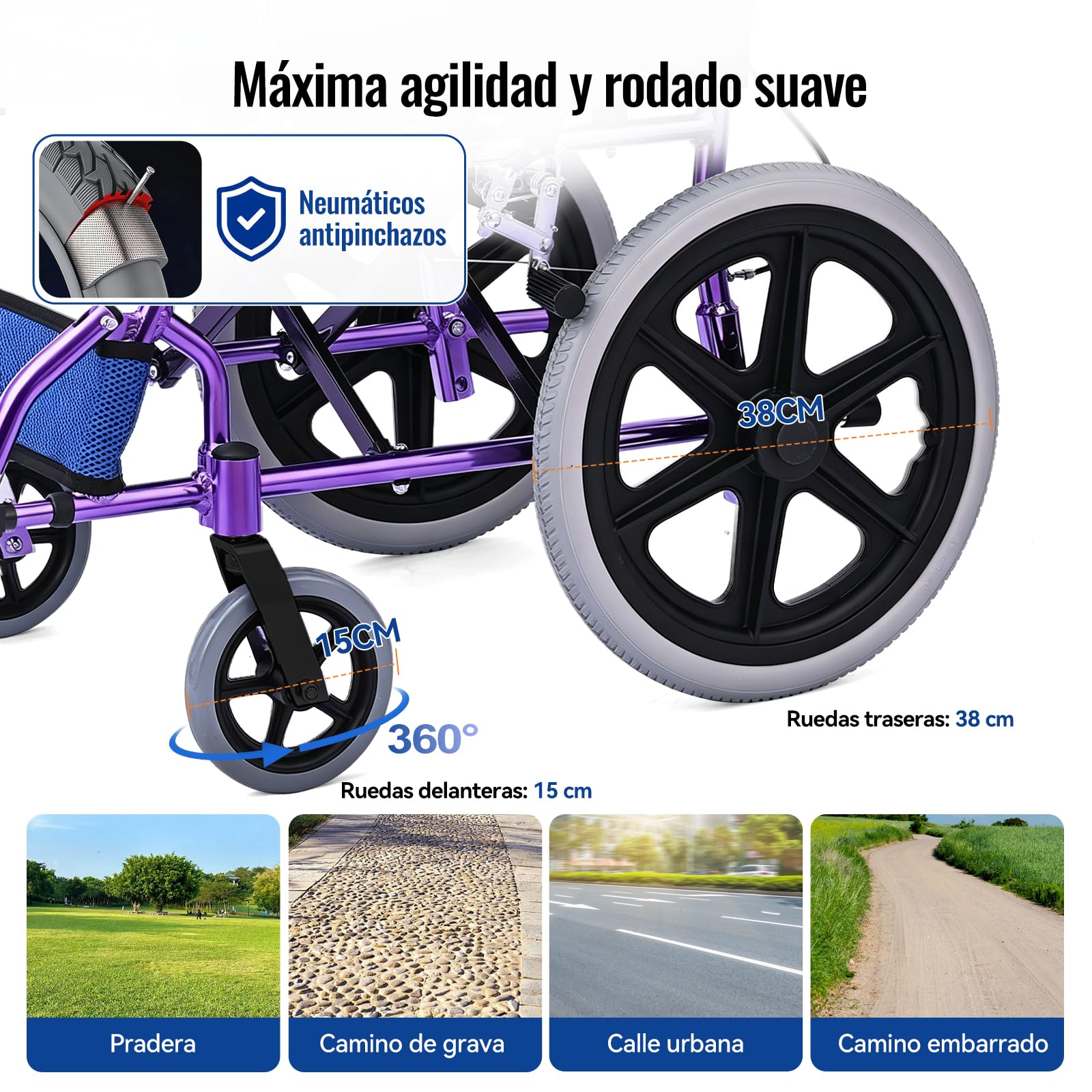M3 Silla de Ruedas Plegable Ligera para Adulto, Fácil de Transportar, Doble Freno, Reposapiés Plegables, Soporta hasta 100 kg, Ideal para Mayores y Movilidad Reducida - Púrpura