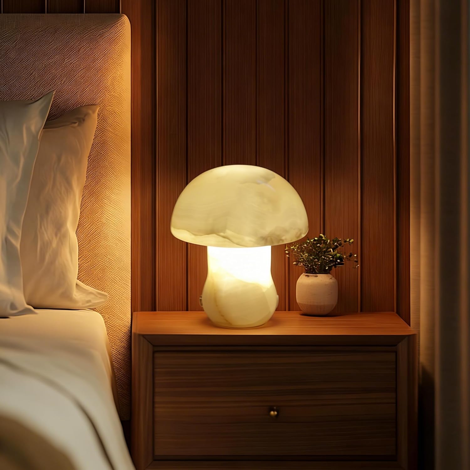 Natural Stone Mushroom Lamp,Natural Jade Stone Table Lamp Unique Crystal Veins Three-Color Temperature Dimmable LED Stone Lamp Bedside Lamp Dining Room, Bedroom, Living Room Decorative Ambiance Lamp
