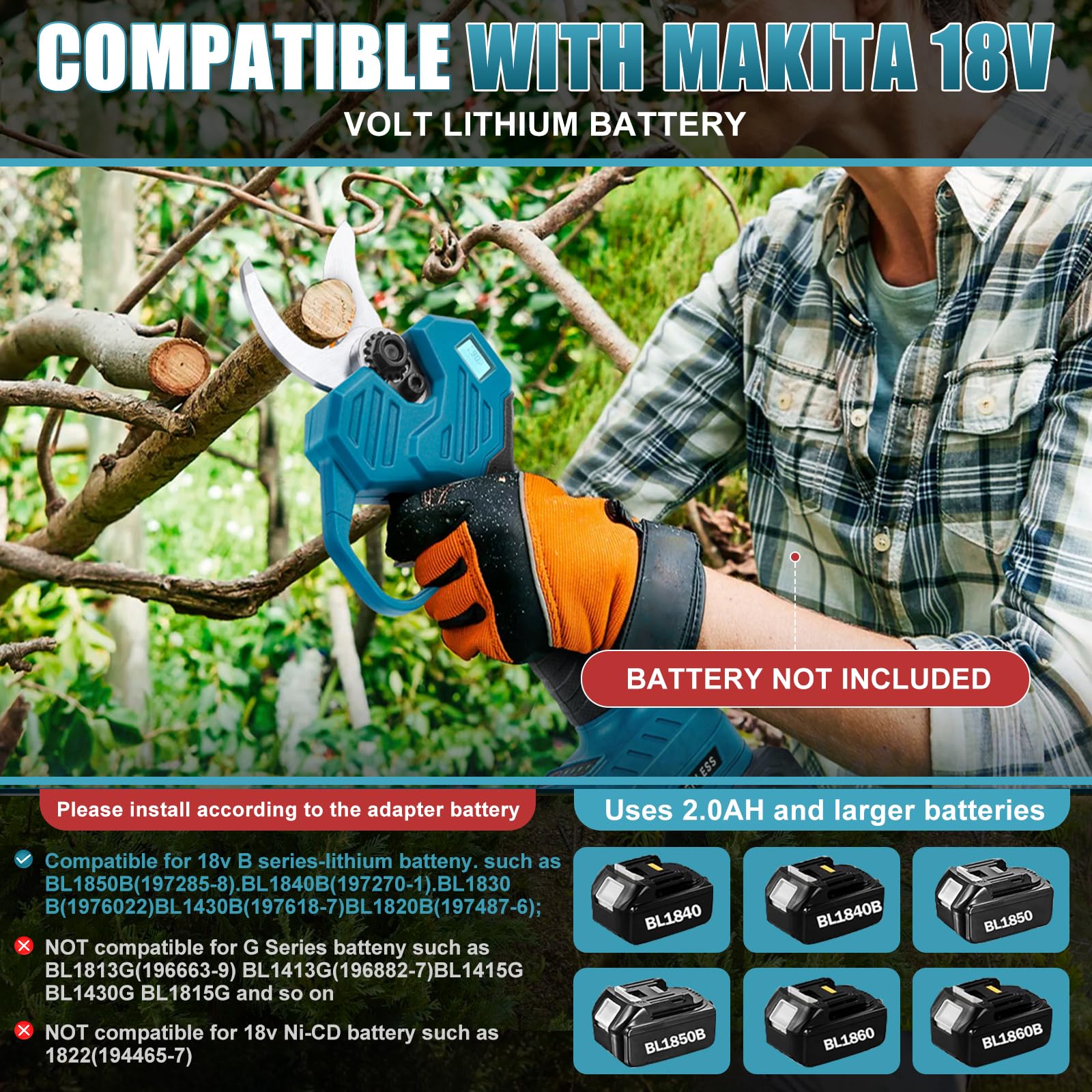 Secatore elettrico senza fili per Makita 18 V 55 mm Secatore Elettrico | Cesoie a batteria, professionale per giardino senza spazzole per giardinaggio, vite (senza batteria)