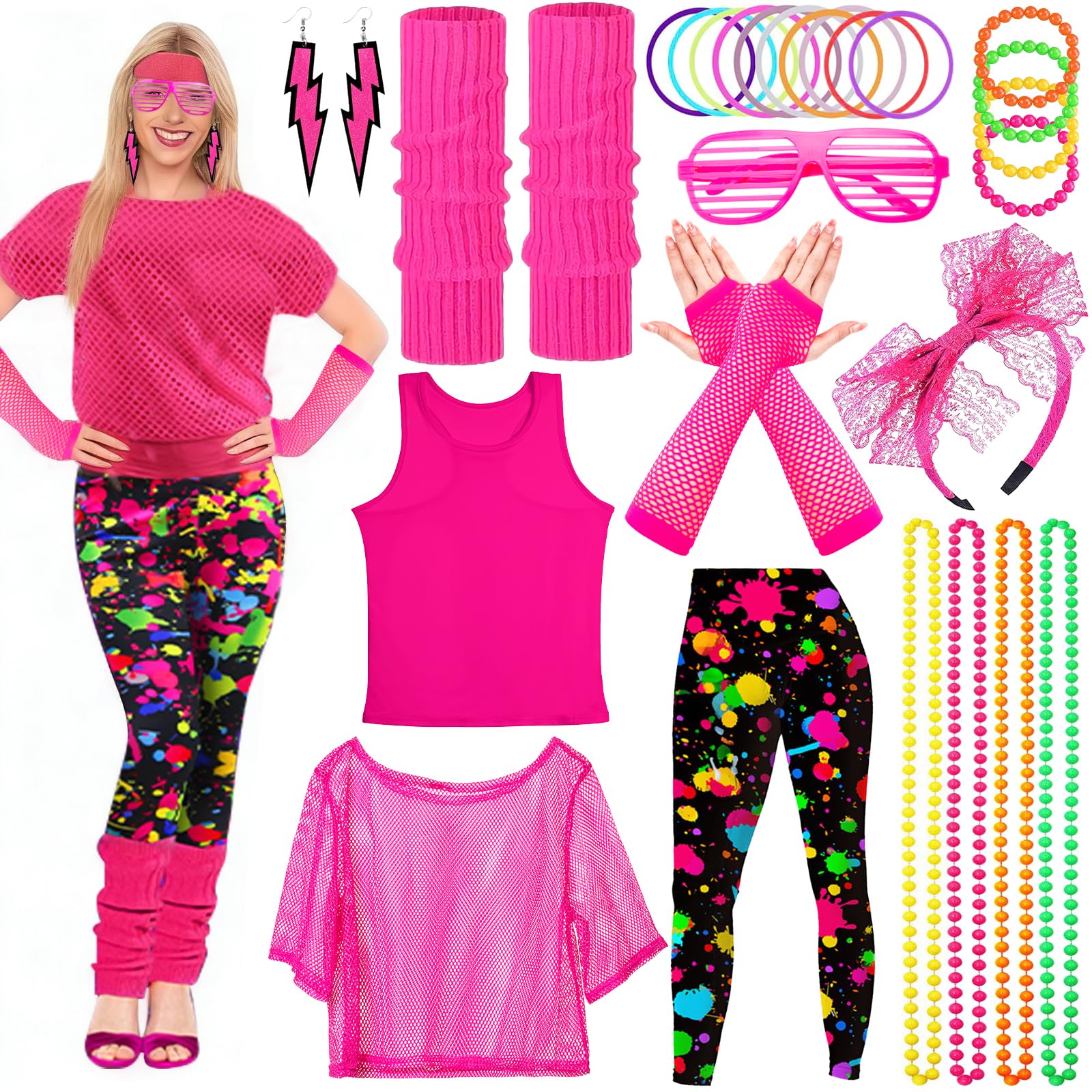 Disfraz Años 80 Mujer, Disfraz Gimnasta Años 80 90 mujer, 26 Accesorios de Disfraz de Los 90, Encaje de Pendientes ​Fishnet Guantes Collar Pulsera Juego de Fiesta de Cosplay Retro