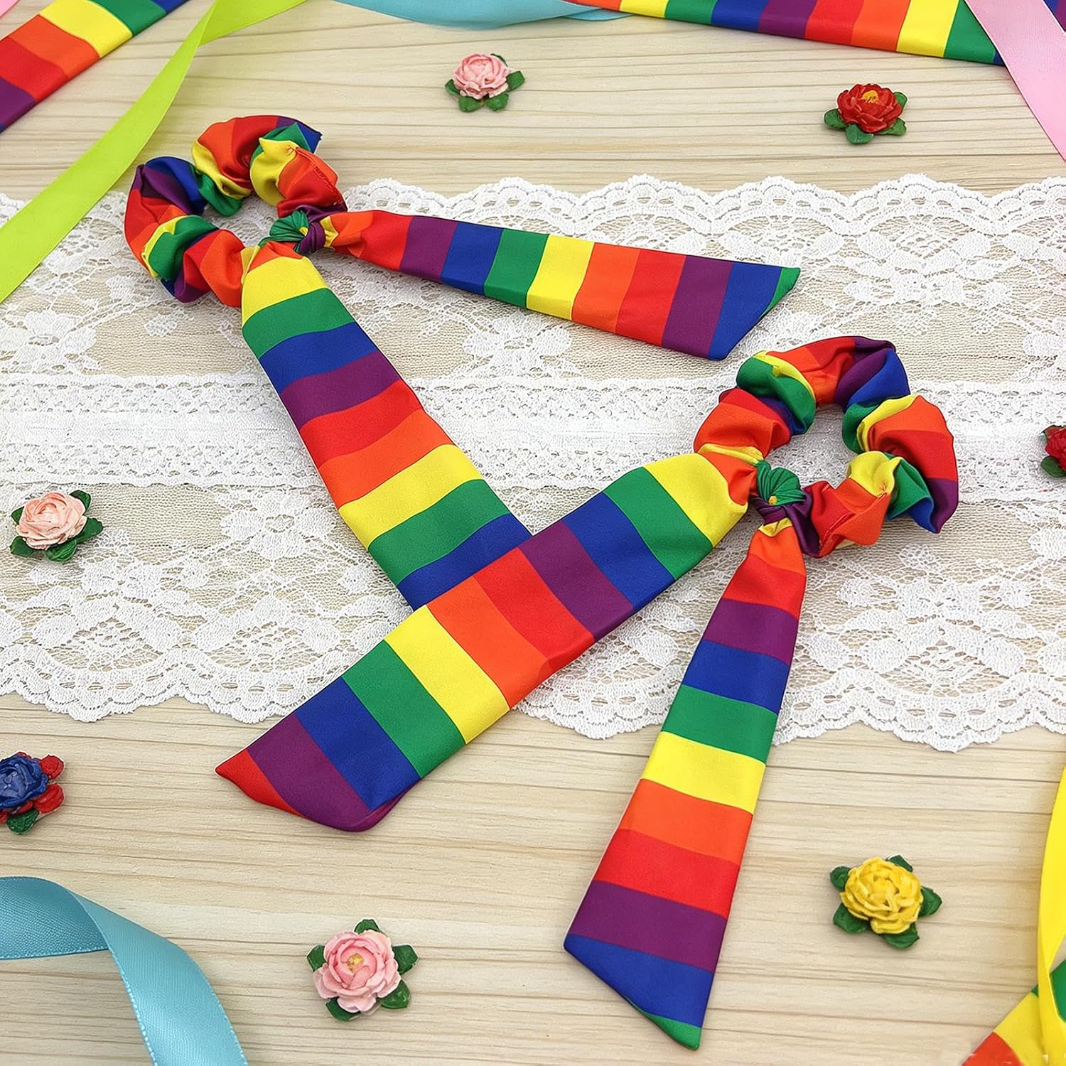 2 Pcs Rainbow Hair Scrunchies Pride Day Bow Hair Ties Colorful Hair Ribbon LGBT Elastic Striped Rainbow Ponytail Holder for Women Girls Pride Festivals Parades Raves Hair Accessories Decoration