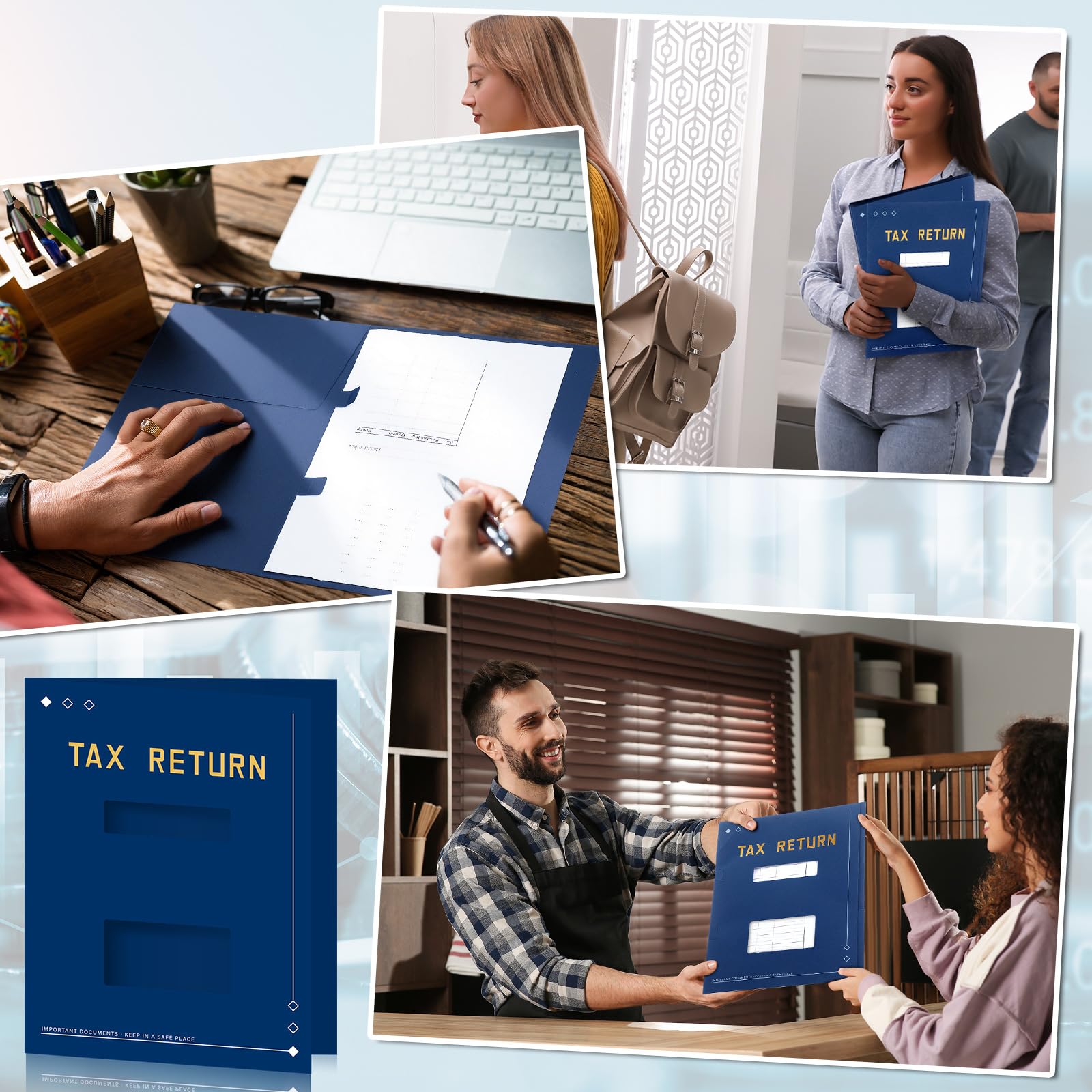 Mooliwe 100 cartelle per dichiarazioni dei redditi blu, 22,9 x 29,9 cm, organizer per imposte sul reddito con punti metallici laterali, doppia finestra, cartelle per documenti per contabili, forniture