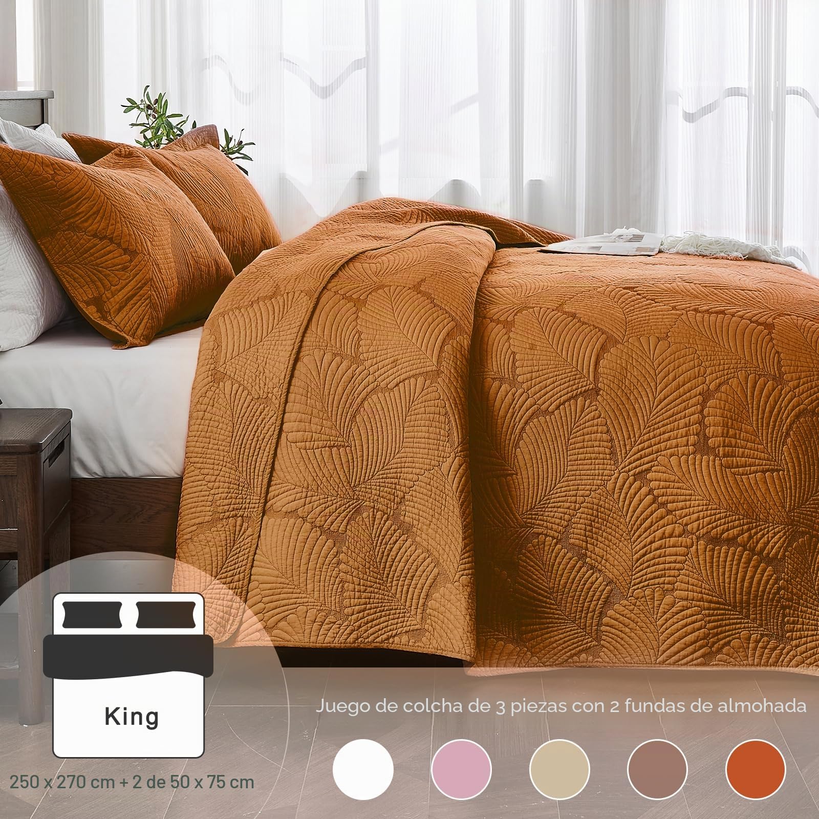 Qucover Colcha Acolchada Cama 180 Suave y Cómoda de Algodón, Juegos de Colchas con 2 Fundas para Almohadas 50x75cm, Naranja 250x270cm