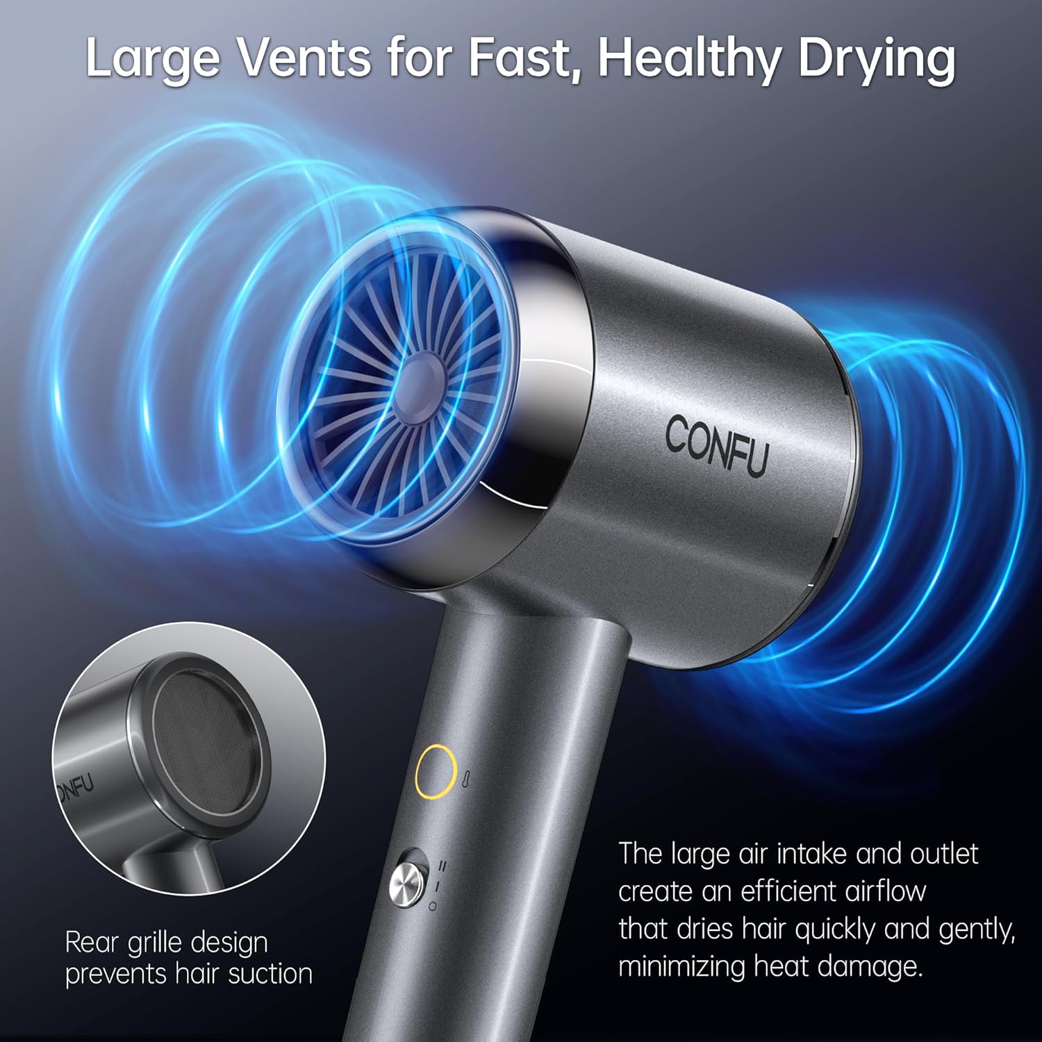 CONFU Diffuser Hair Blow Dryer - Plasma Ionic Professional 1600 Watt Hairdryer Fast Drying for Curly Hair Anti Frizz - Lightweight Portable Ion Blower Dryer for Women & Men - Image 6