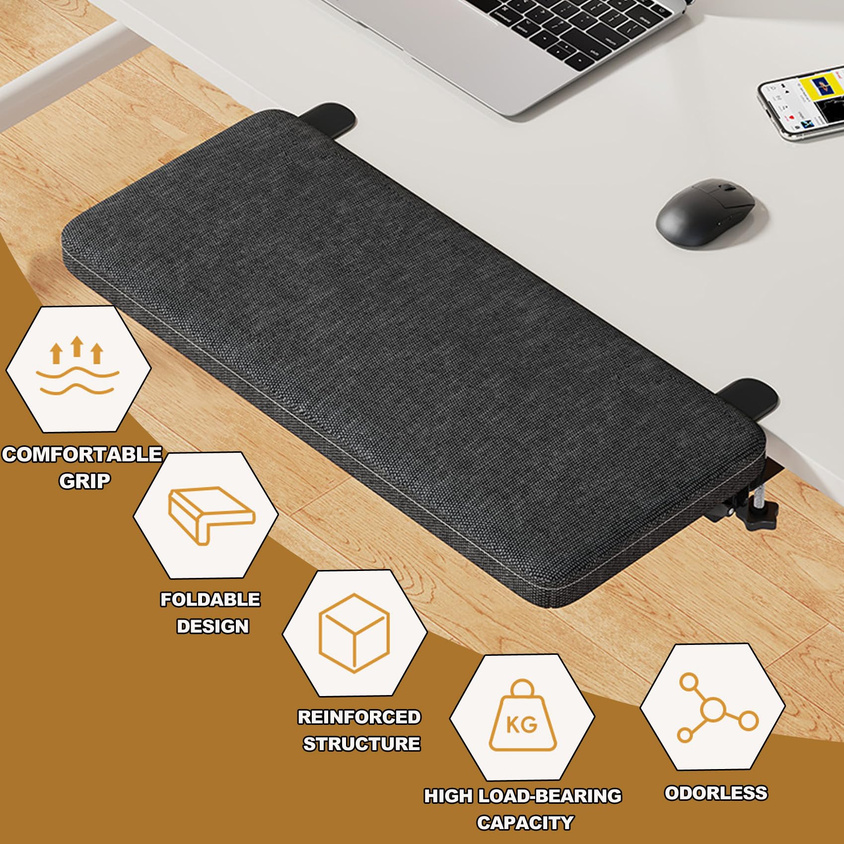negro, 20 x 60 cm, bandeja de extensión de escritorio ergonómica, 60 x 20 cm, pinza sin perforación, bandeja plegable para cajón de teclado, reposamuñecas, soporte para ordenador