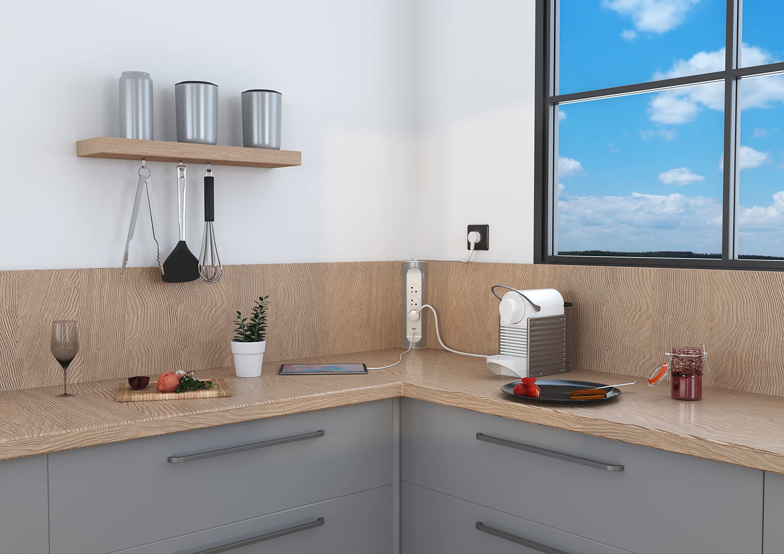 LEGRAND - Regleta de ángulo con 3 Tomas de Superficie con Tierra + Conector USB-C + Conector USB-A - Instalación Horizontal o Vertical - Cable de 1 m - Blanco y Aluminio