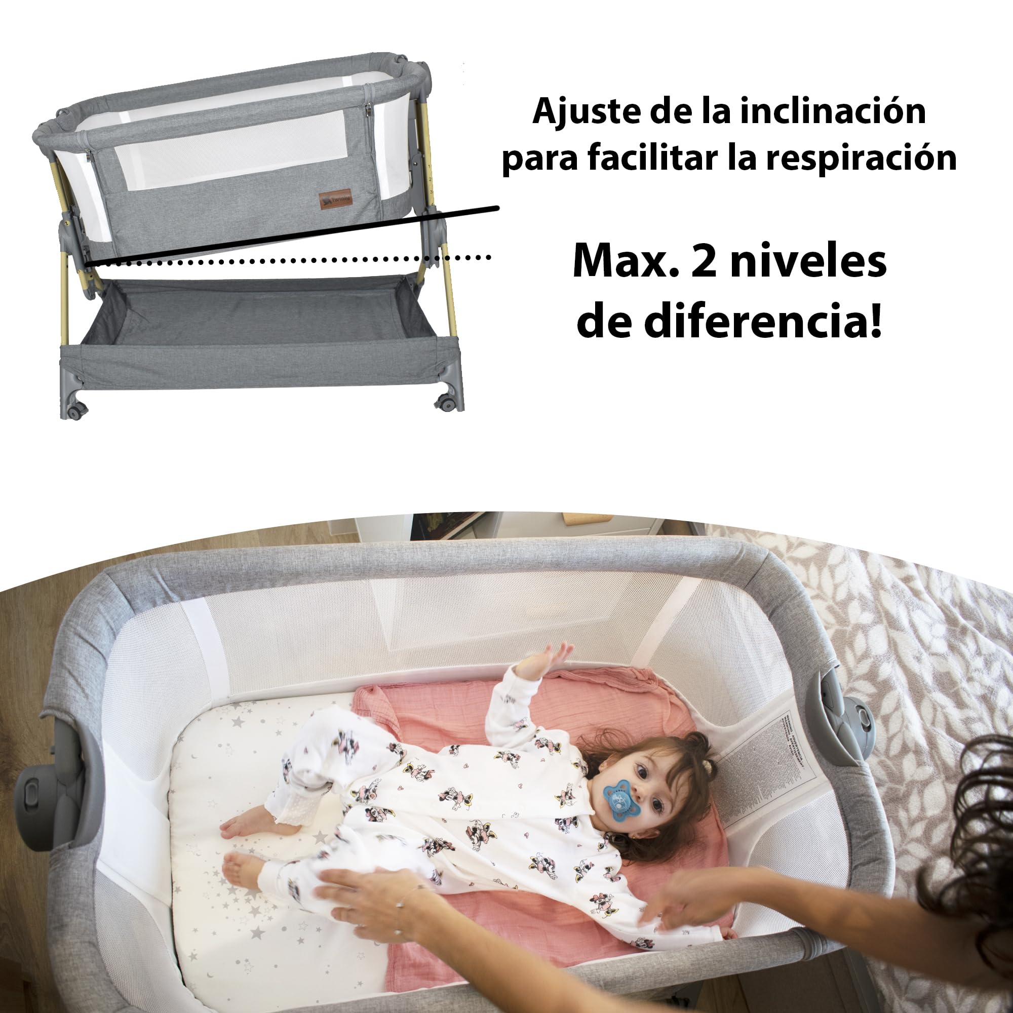 Twinly Comfortly - Cuna Colecho Bebé y Moisés 2 en 1 con Ruedas | Minicuna de Viaje Plegable, Sin Montaje, Altura Ajustable y Función Antireflujo | Incluye Colchón, Sábana Algodón y Bolsa (Wood)