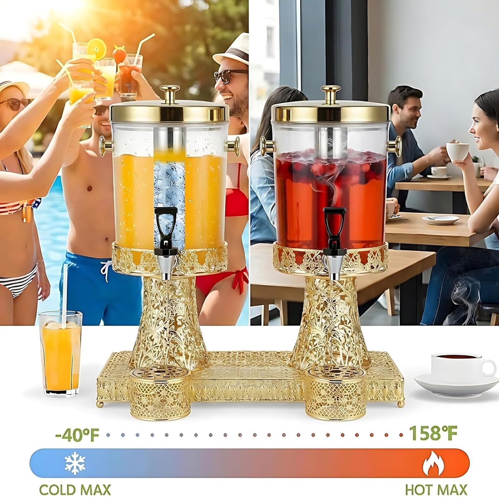 Distributeur de boissons de 8 L en acier inoxydable avec support pour jus, thé, soda et limonade, couvercle multifonction, idéal pour les rassemblements