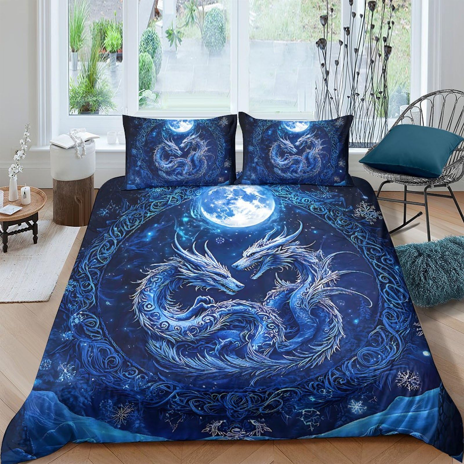 Ctjqhvkz Style-4 3D Printed Blue Dragon Moon Fitted Sheet Microfiber Soft Breathable Asian Art Bed Cover For Bedroom Dorm Decor Single（135X200cm）