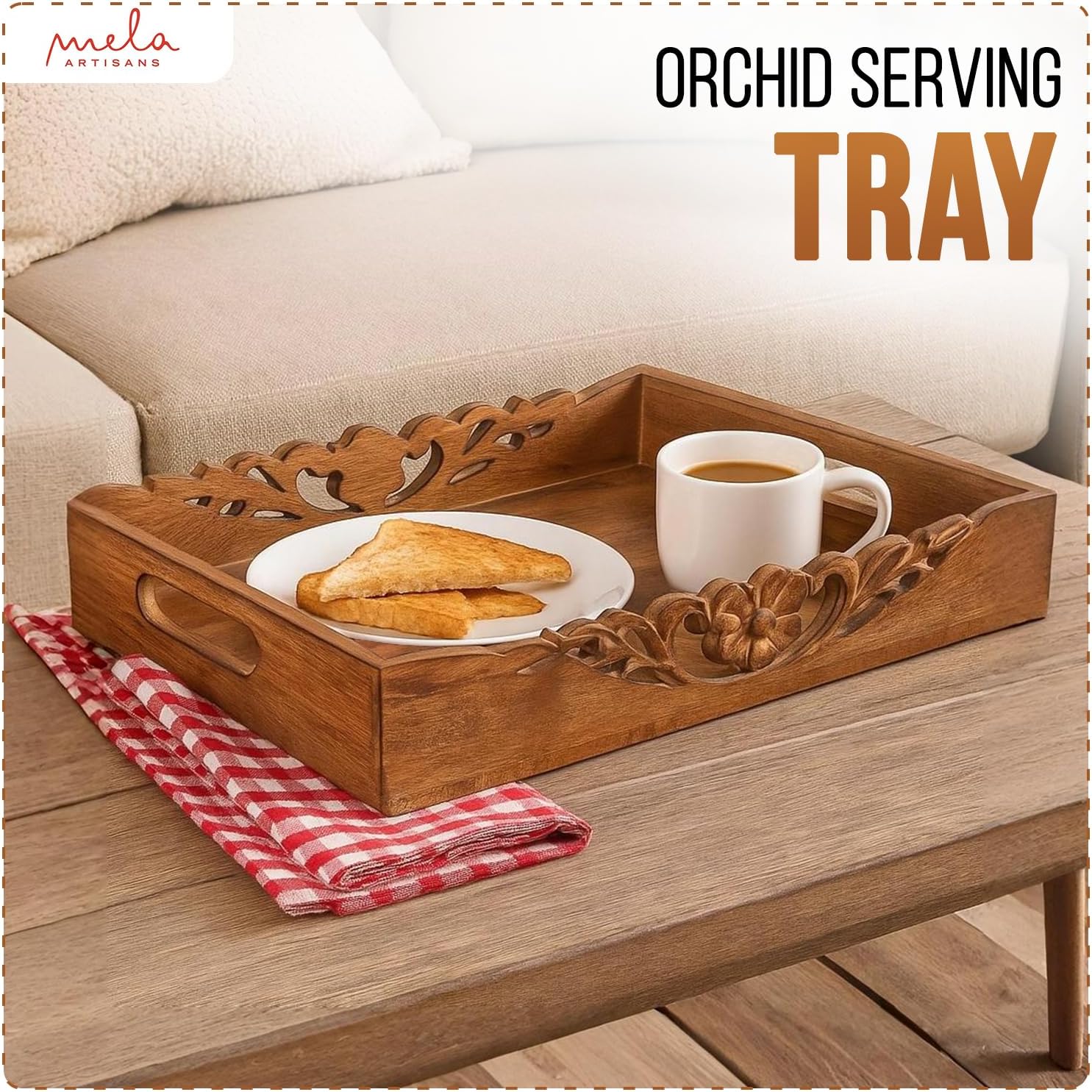 Mela Artisans Orchid Design Wooden Decorative Tray with Handles | 16x12x2.5 Mango Wood Ottoman Tray | for Kitchen Countertop | Coffee Table | Snacks | Desserts | Breads | Bedroom Decor - Image 4