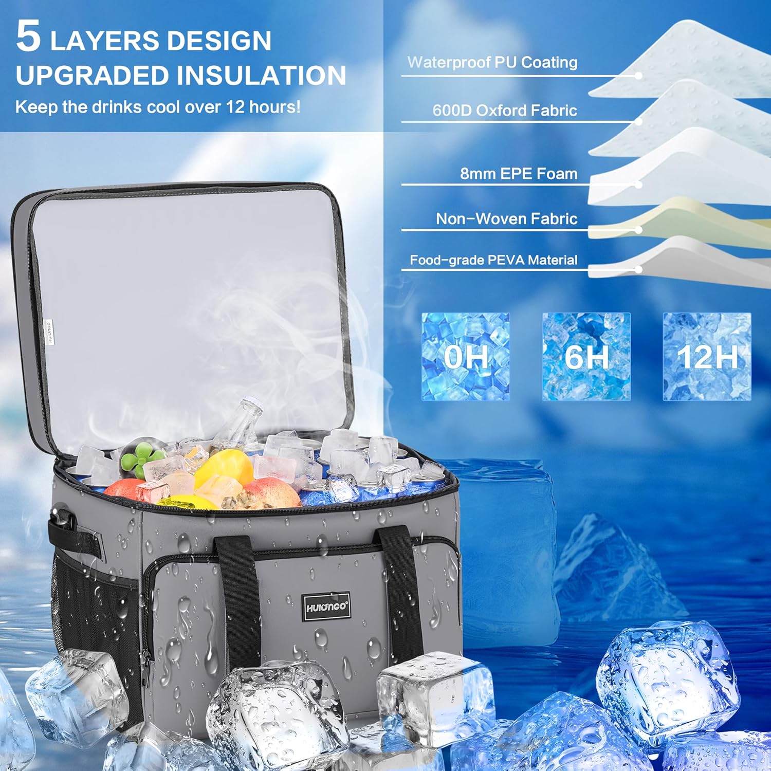Hulongo Insulated Soft Cooler Bag, Large Ice Coolers Soft Sided Ice Chest for Beach, Collapsible and Portable