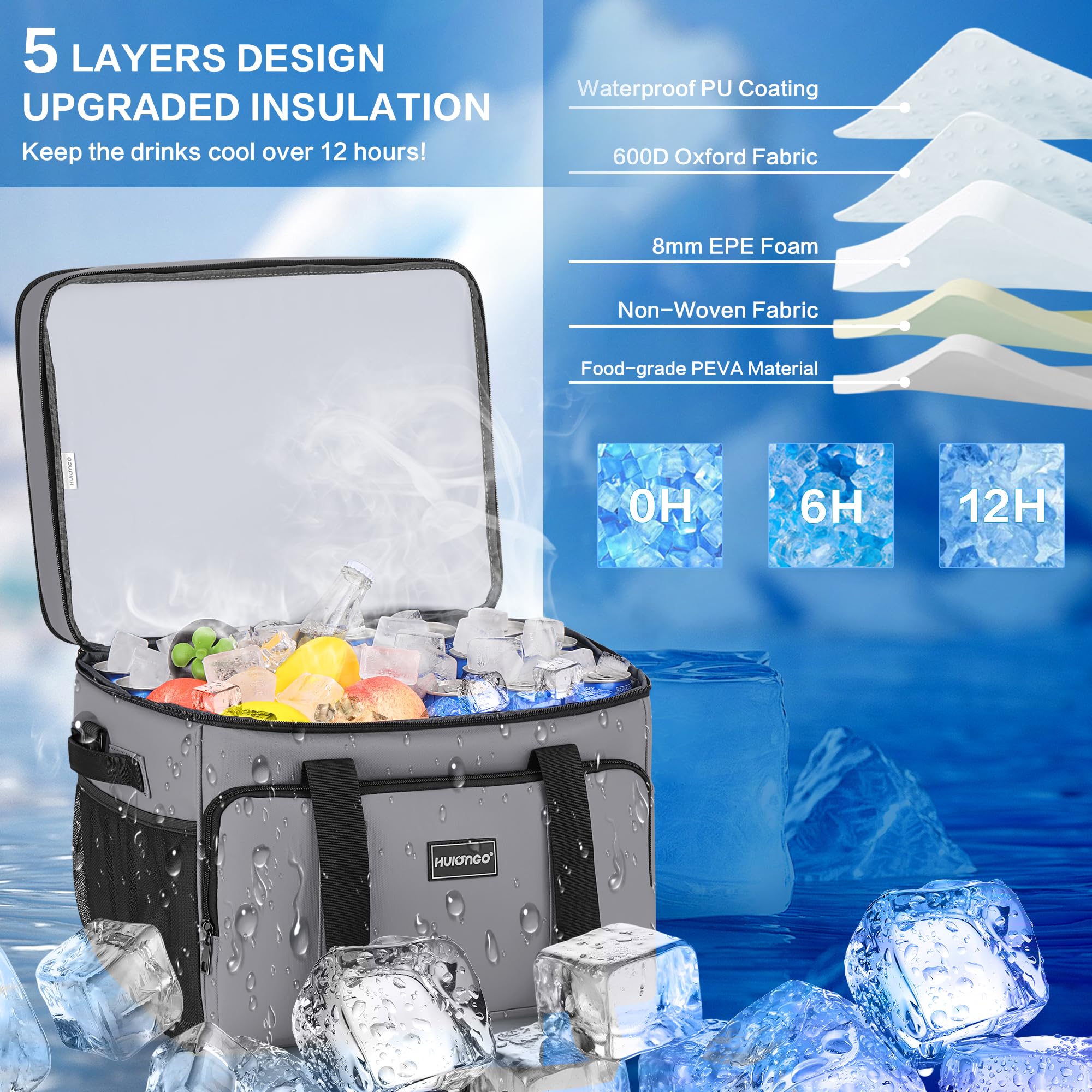 Hulongo Borsa termica morbida da 42 litri, grande borsa termica per spiaggia, auto, esterni, 60 lattine, grigio