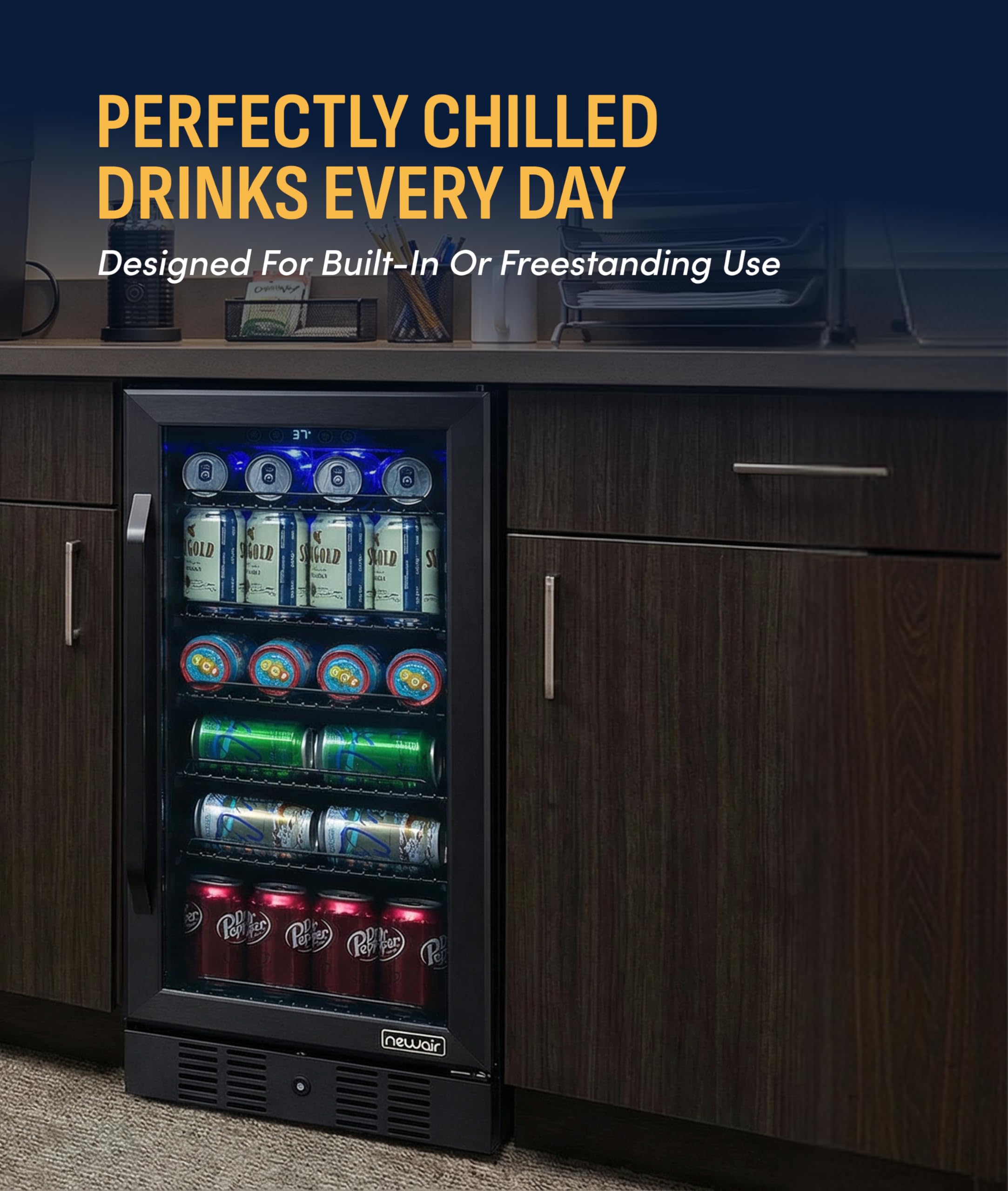 NewAir 96 Can Built-In Beverage Refrigerator | 15” Small Mini Fridge for Bedroom, Home Bar or Office | Quiet Cooling & Precise Temperature Control | Black Stainless Steel on Fridge.com