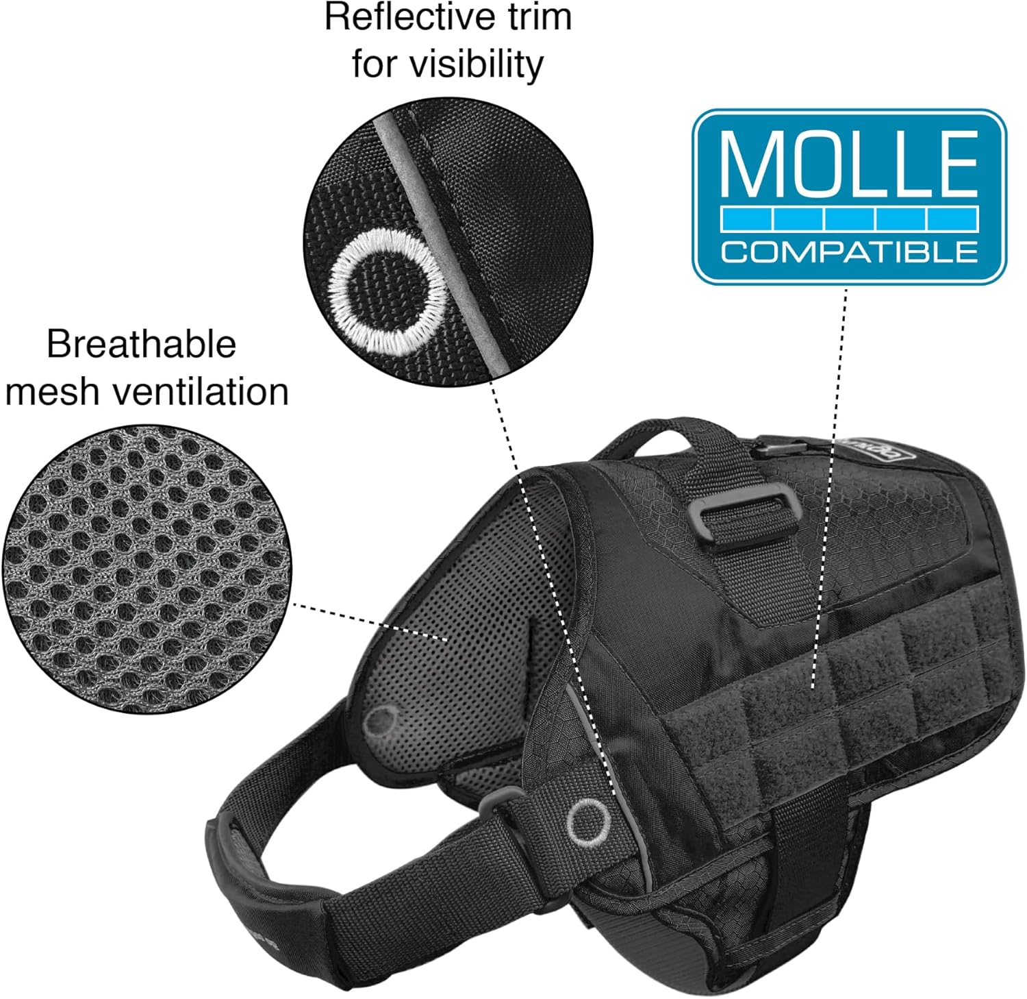Kurgo RSG Dog Townie Harness - Easy On-Off for Quick Outings - Breathable Mesh - MOLLE-Compatible for Clip-On Accessories - Top Handle - Reflective Trim - Small - Black
