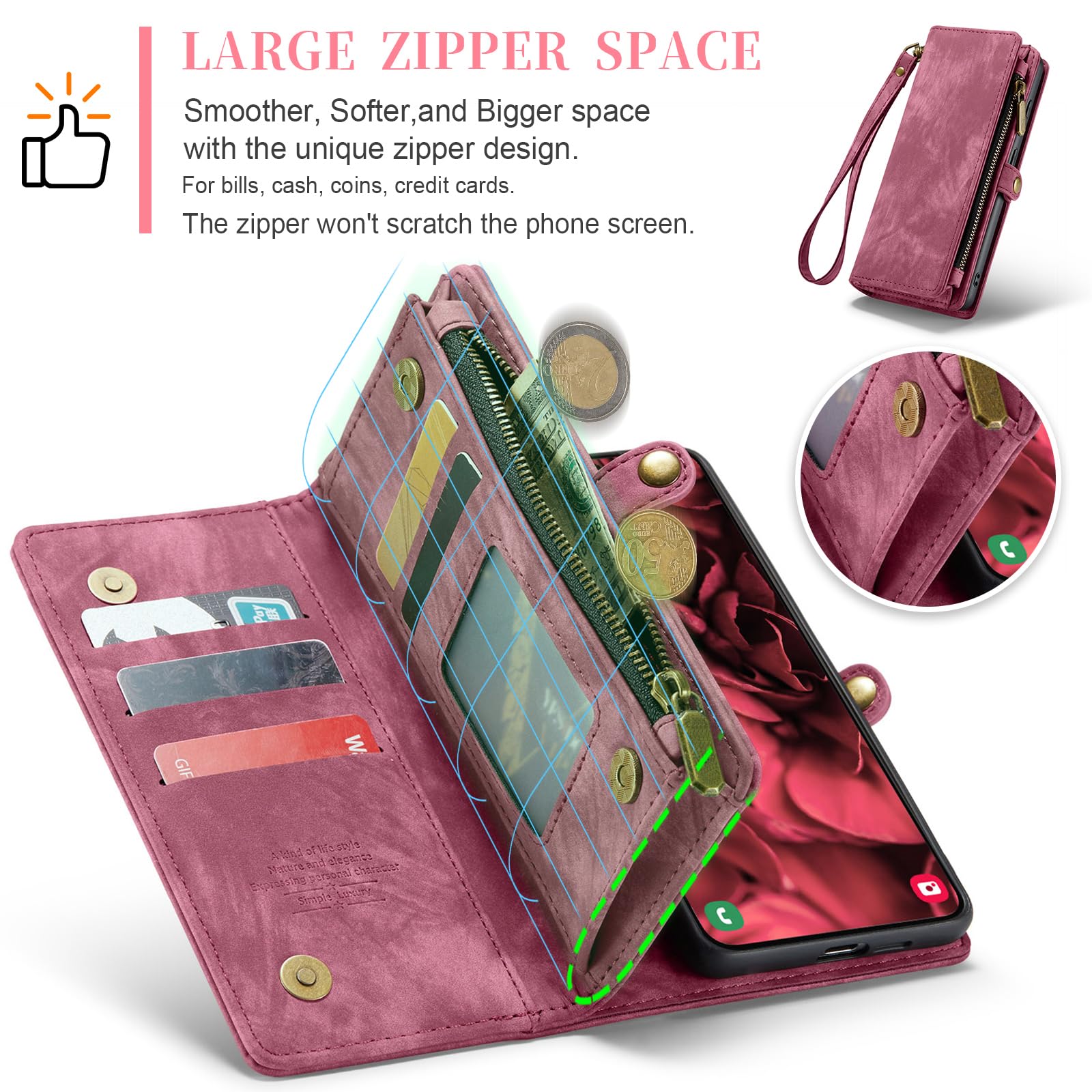 Case For Huawei Honor Magic5 Pro 5G Wallet Case, Wristband Flip Bracket Pu Leather Wallet Shell Cash Card Slot Cover Detachable Lanyard - View #9
