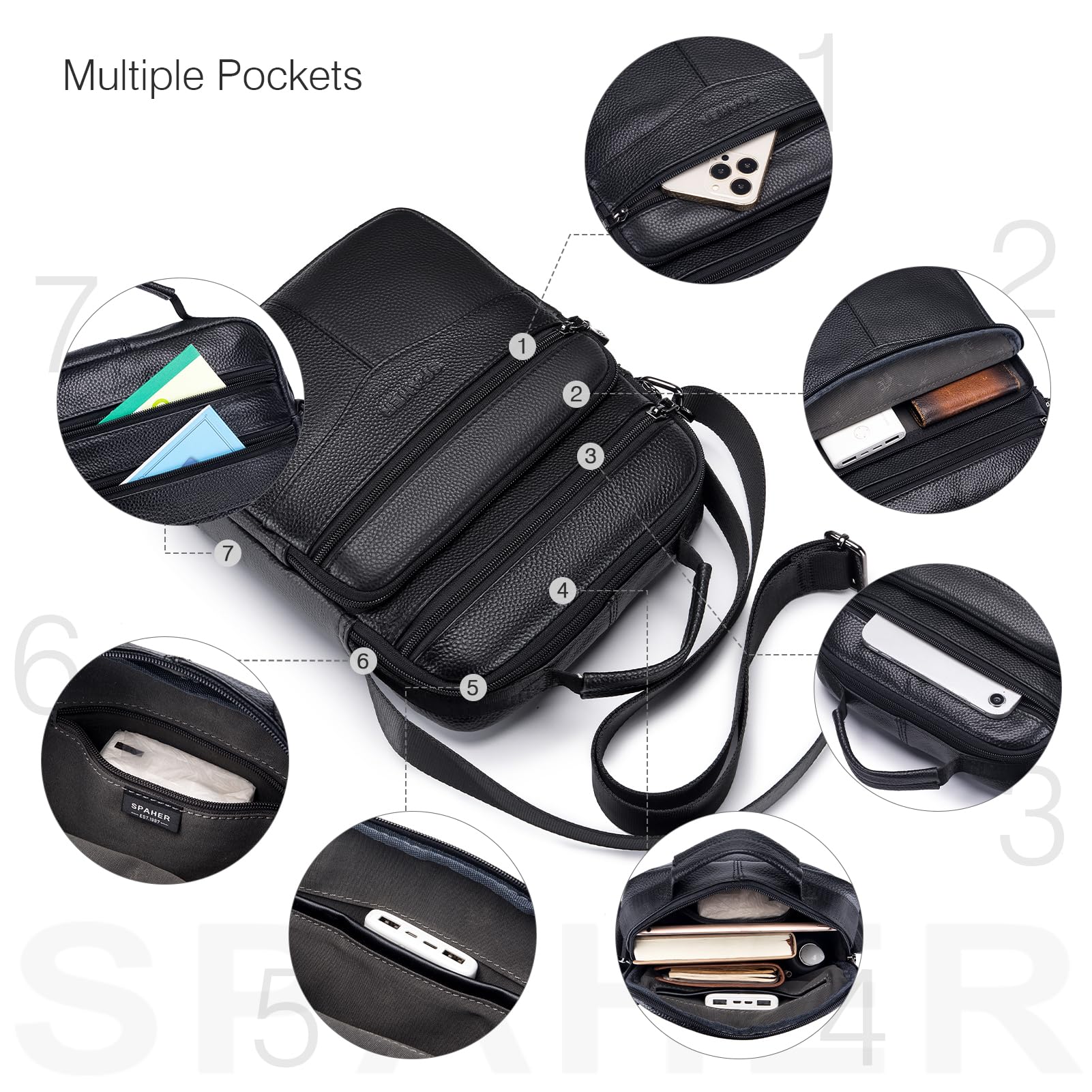 SPAHER Groß Herrentasche Leder Tasche Umhängetasche IPAD Handgelenktasche Schultertasche Business Männer Aktentaschen Handtaschen Rucksack Crossbody Sling Reisetasche für Arbeit Reise Alltagsleben