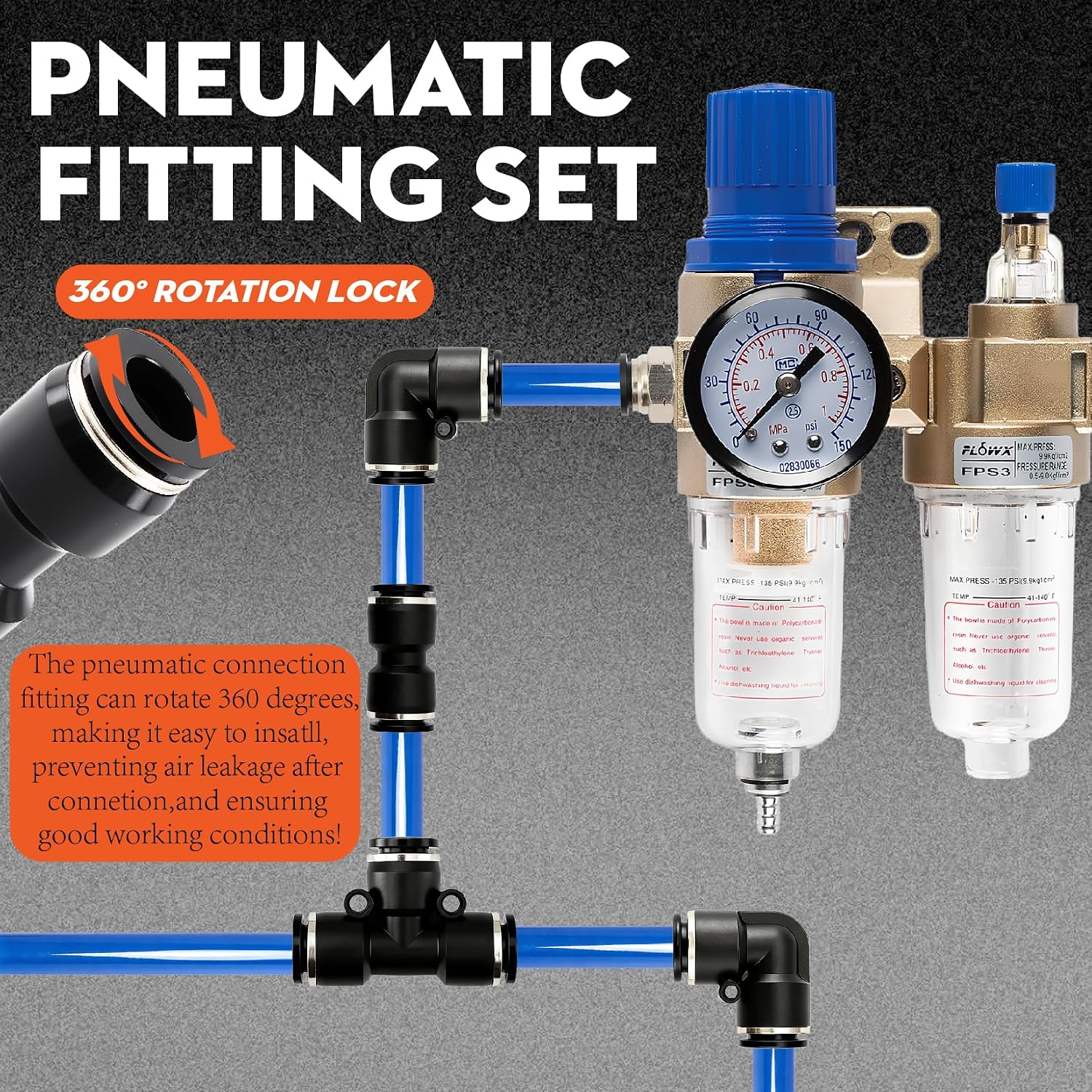 46PCS 3/8 Push to Connect Fitting, Air Hose Fittings Quick Connect Assortment Kit for Impact Wrench & Truck Tire Inflation, Unlock Full Power of Pneumatic Tools