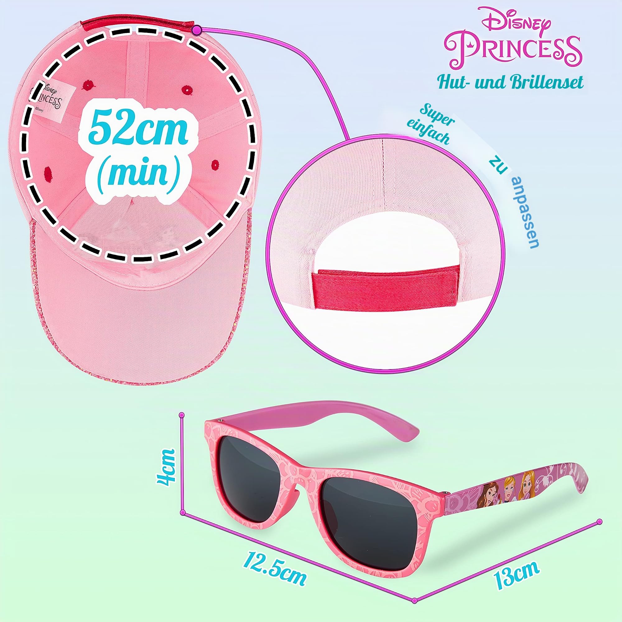 Disney Basecap Kinder Mädchen, Sonnenhut Kinder und Sonnenbrille Set, Prinzessinnen Kappe Mädchen ab 3 Jahren, Einheitsgröße