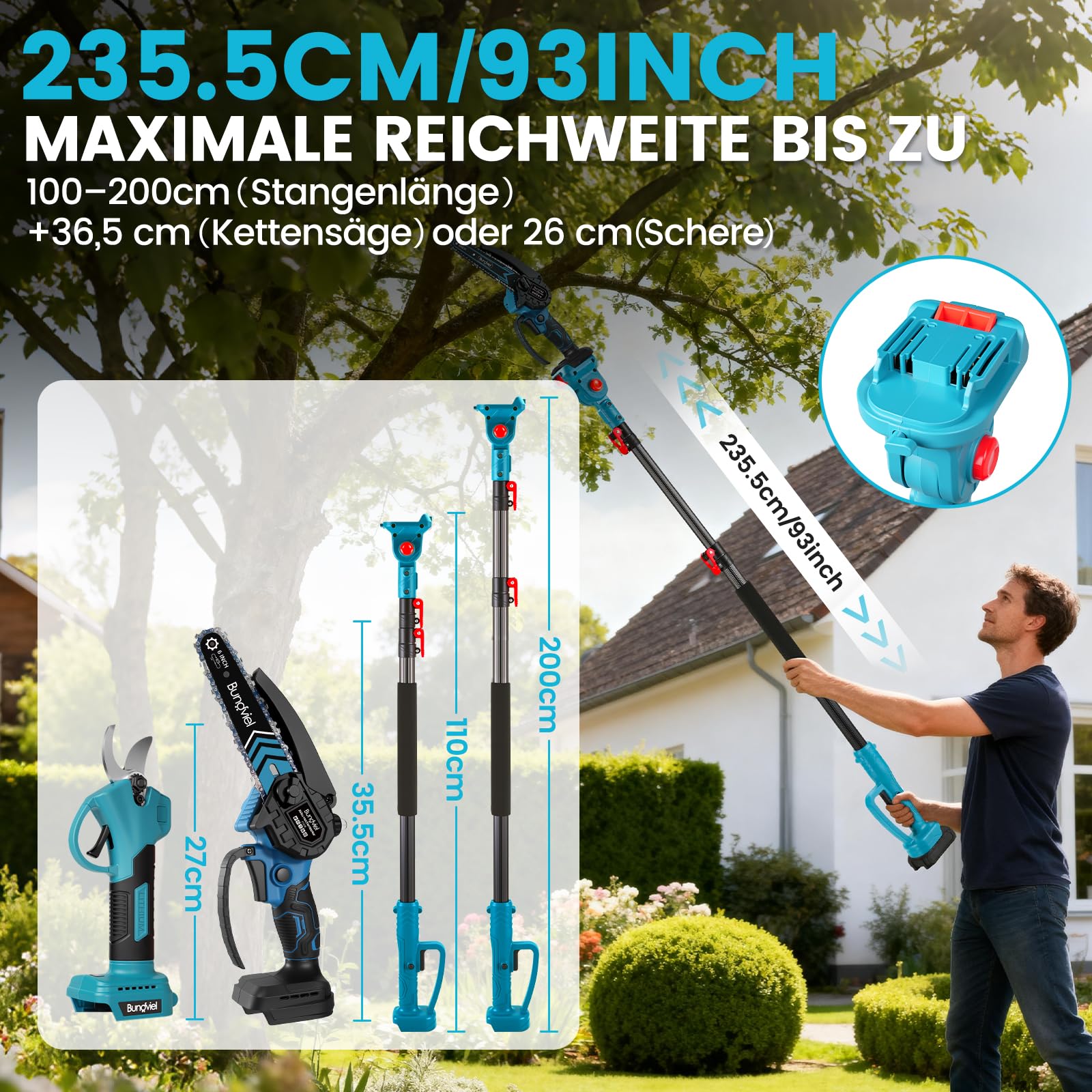 Potatore a batteria 4 in 1, compatibile con batteria Makita, mini motosega senza spazzole da 6 pollici e cesoie elettriche da 25 mm, 2 batterie da 4,0 Ah, asta telescopica fino a 235,5 cm