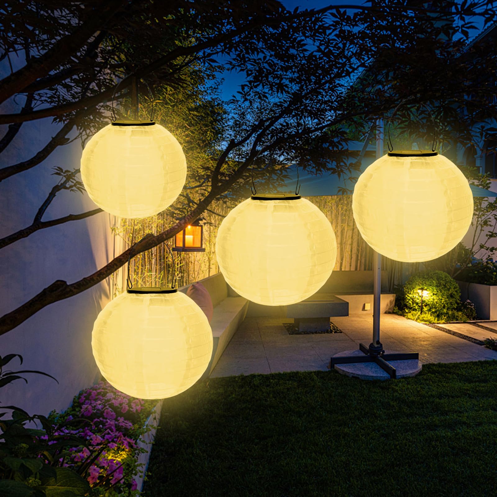 Lampions Solaires Extérieurs Sporgo - Lot De 4, 20 Cm, LED Blanc Chaud, étanches IP65, Pour Jardin, Terrasse, Mariage