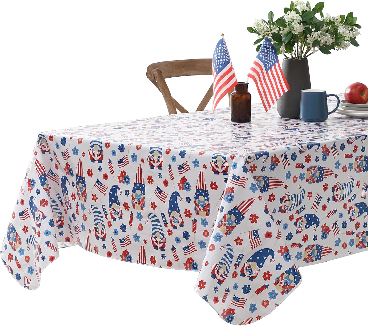 Newbridge Gnome Party Vinyl Flannel Backed Tablecloth, 60 x 102 Inch Rectangle, Patriotic 4th of July Gnomes with Flags and Fireworks Wipe Clean Table Cover