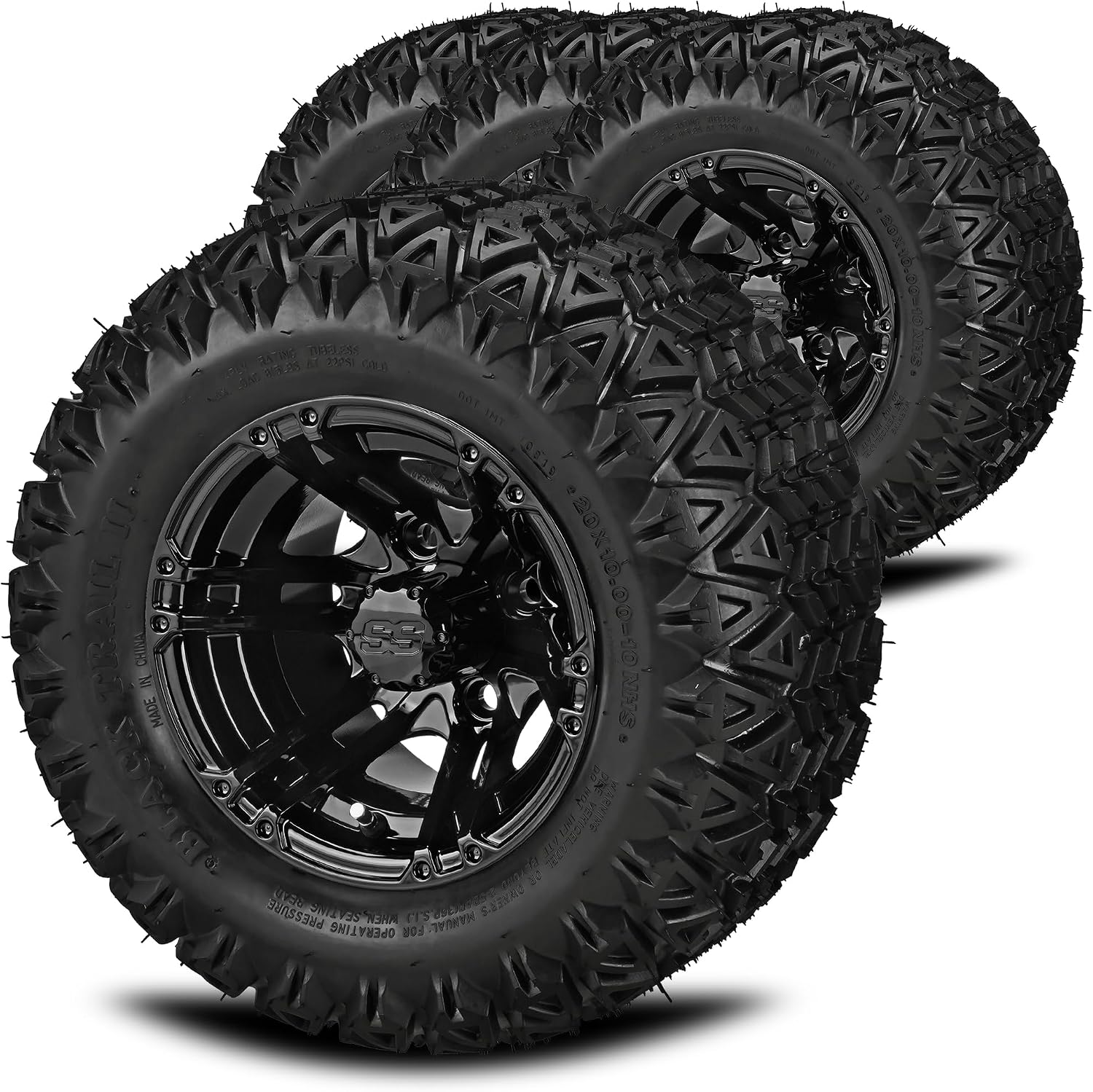RM Cart 10" Yukon Gloss Black on 20x10-10 Black Trail II Tires (Set of 4) | Golf Cart Tires and Wheels Combo with Metric Lug Nuts