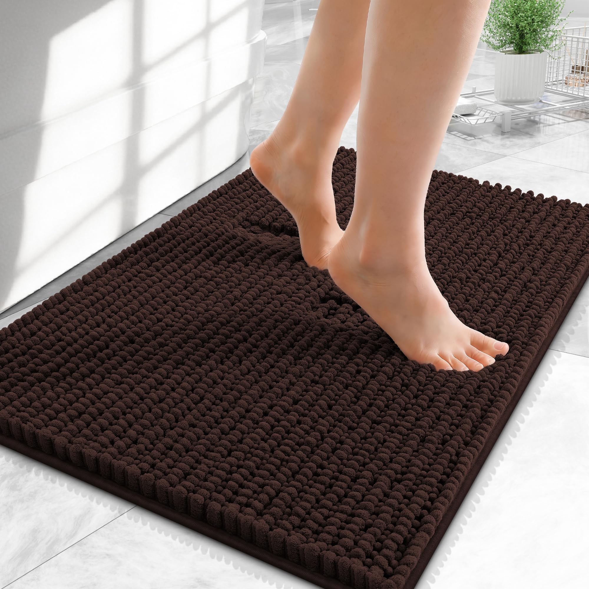 OLANLY Thick Chenille Small Bathroom Rugs 24x16, Absorbent Bath Mat, Brown