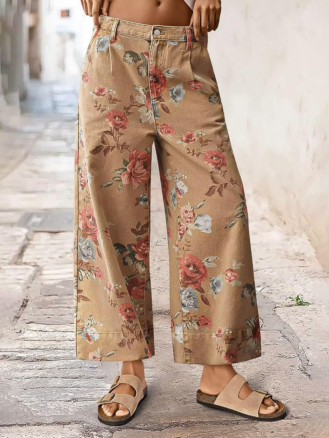 Flamingals Floral Print Wide Leg Cropped Pants for Women Trendy Mid Rise Boho Ankle Cute Jeans