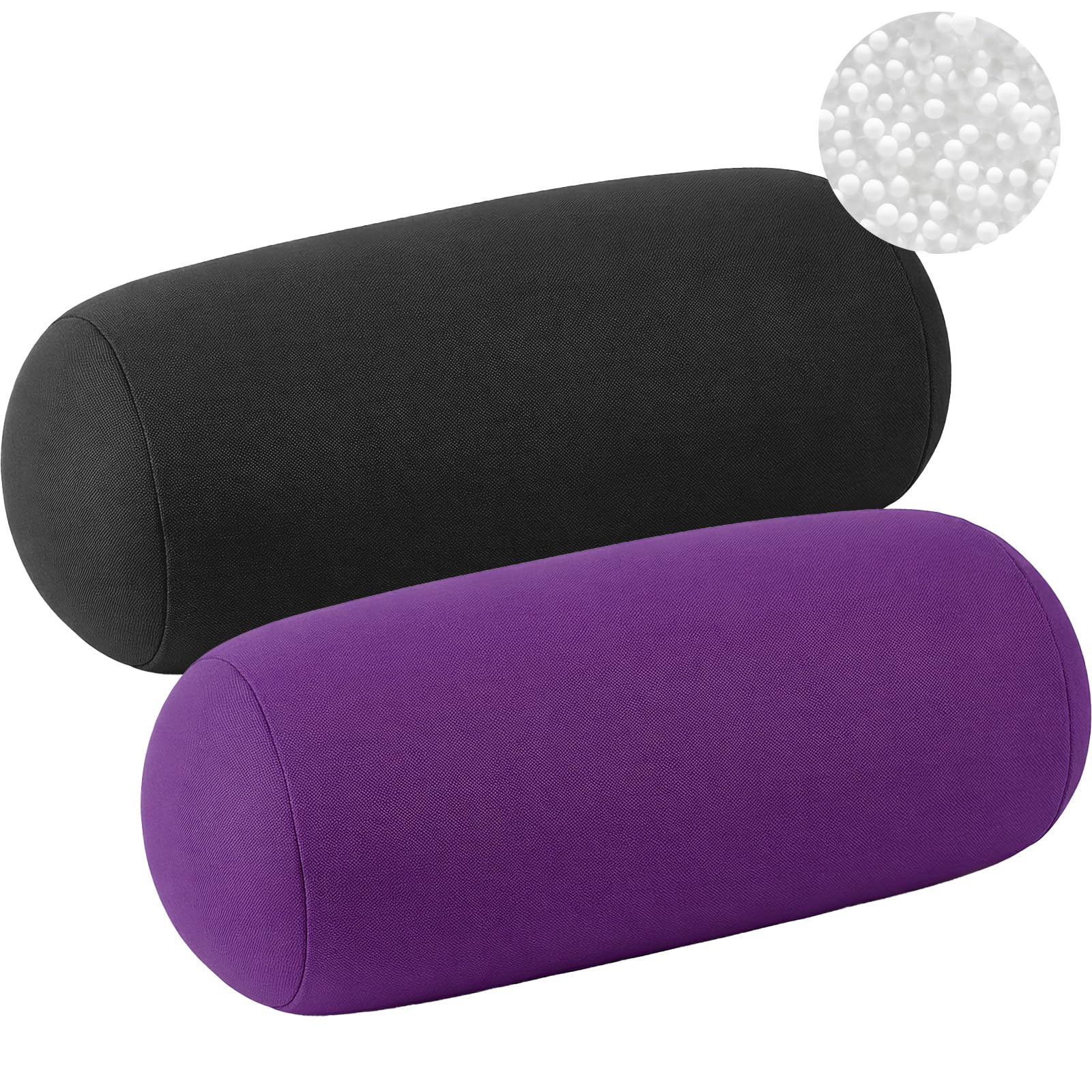 Xaztr 2 Pcs Microbead Roll Pillow, Neck Support Cylindrical Pillow Soft Bolster Micro Bead Pillows for Sleeping Home Travel Neck Head Back Support, 30x16cm (Purple, Black)