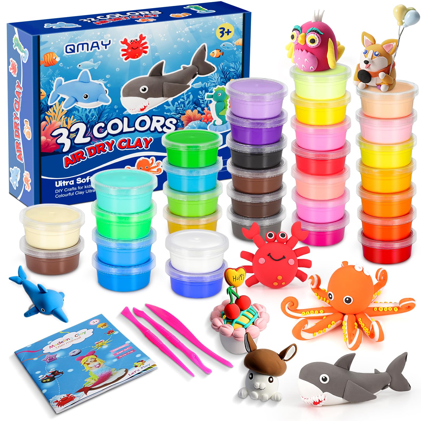 QMAY 32 Colors Air Dry Clay Kit  Ultra Light Magic Modeling Clay for Kids, DIY Craft Dough, Creative Art Supplies for Boys & Girls