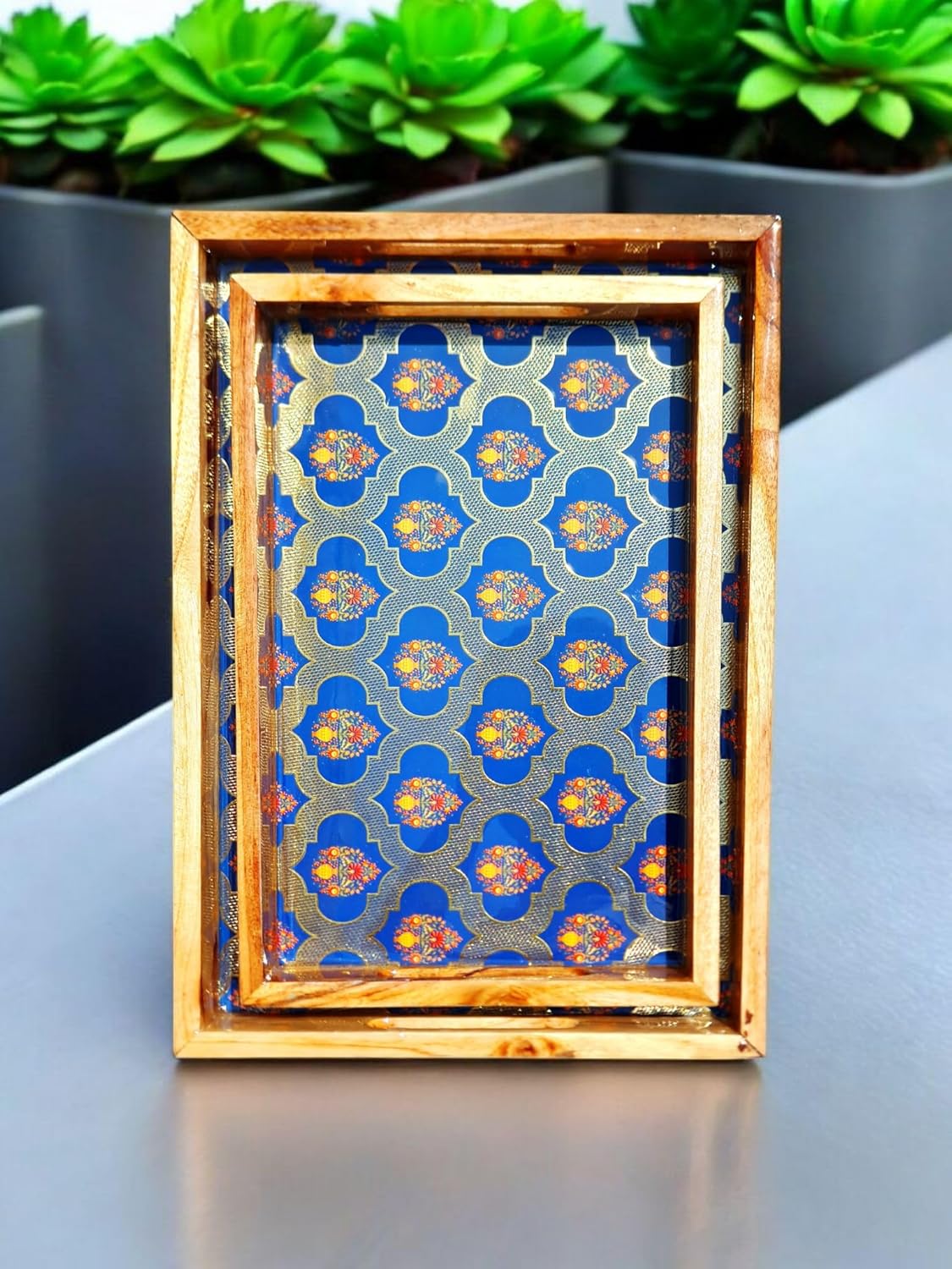 Handcrafted Teakwood Serving Tray Set of 2, Decorative Rectangular Trays with Handles, Breakfast in Bed, Coffee Table, Dinner, BBQ, Snacks, Appetizers, Lap Desk Tray for Couch - Blue